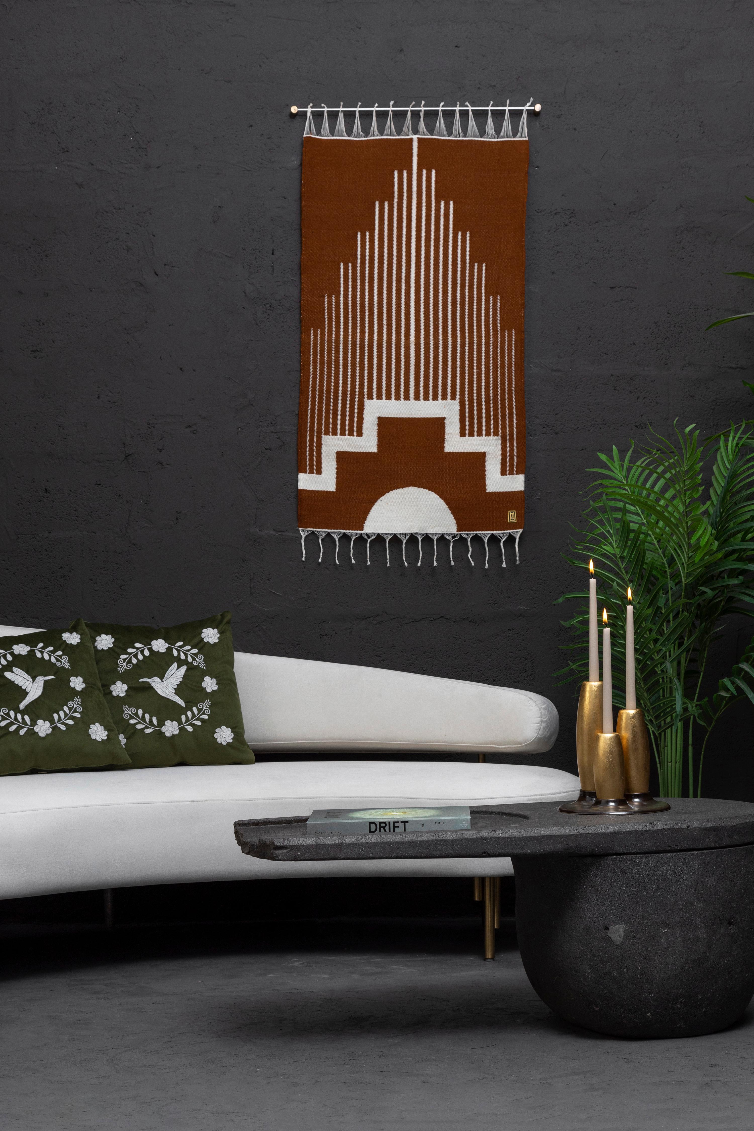Hand-Woven CENTRO Sheep Wool Handwoven Tapestry, Aged Bronze Wall Mount, Terracota & Ivory For Sale