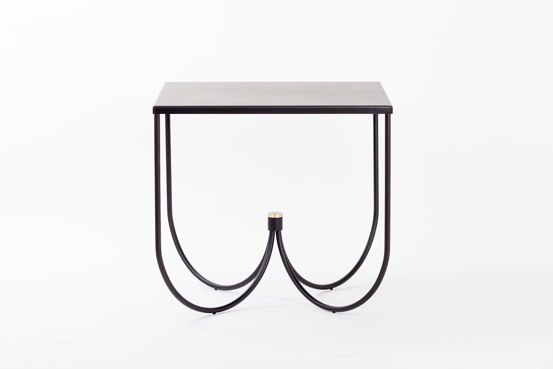 Centro table by Mingardo
Dimensions: D80 x W80 x H75 cm 
Materials: RAL 9005 black varnished iron structure and satin natural brass details
Weight: 26 kg

Also Available in different finishes. Available in four leg square top and three leg