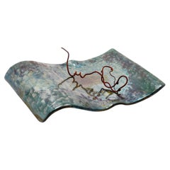 Centrotavola Design Moderno in Ceramica Raku - ONDA Pezzo Unico Verde Dorato