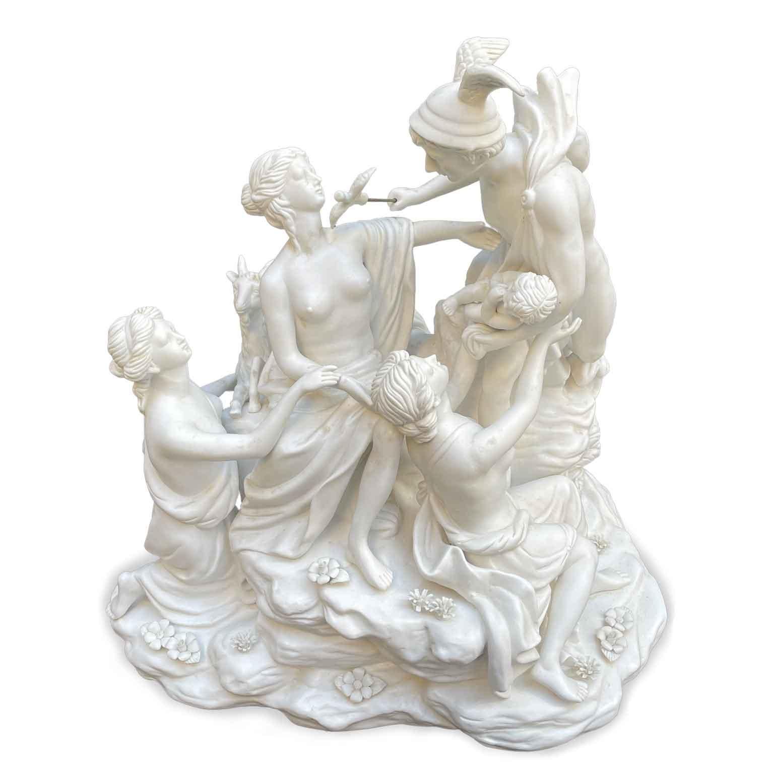 Neoclassical Revival Centerpiece In White Porcelain Biscuit 20th Century Mythological Sculptural Group For Sale