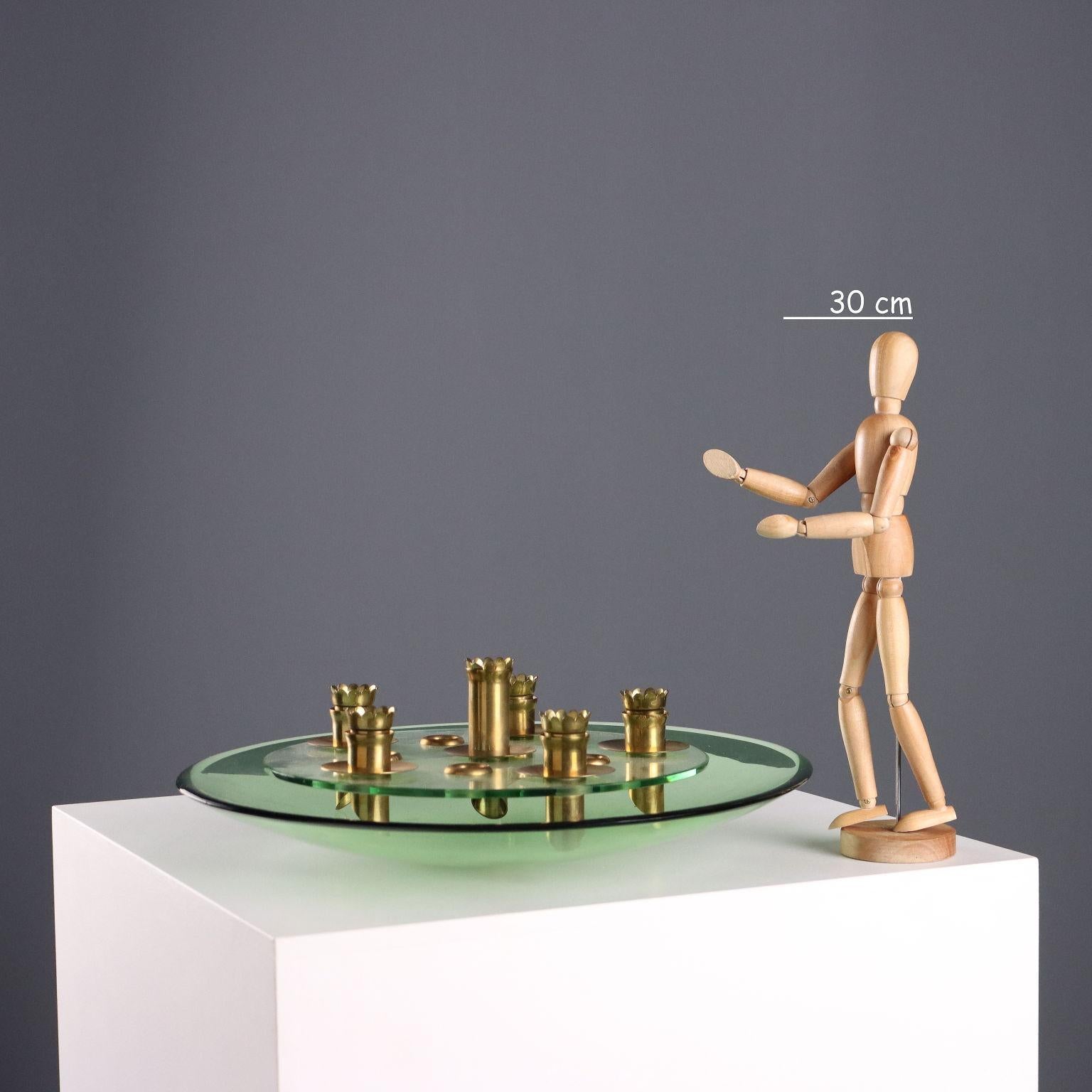 Centro de mesa a la manera de Fontana Arte en vidrio aguamarina, transparente y latón.