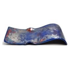 PLATEAU DECORATIF BLEU ARGENTÉ en céramique Raku  monobloc