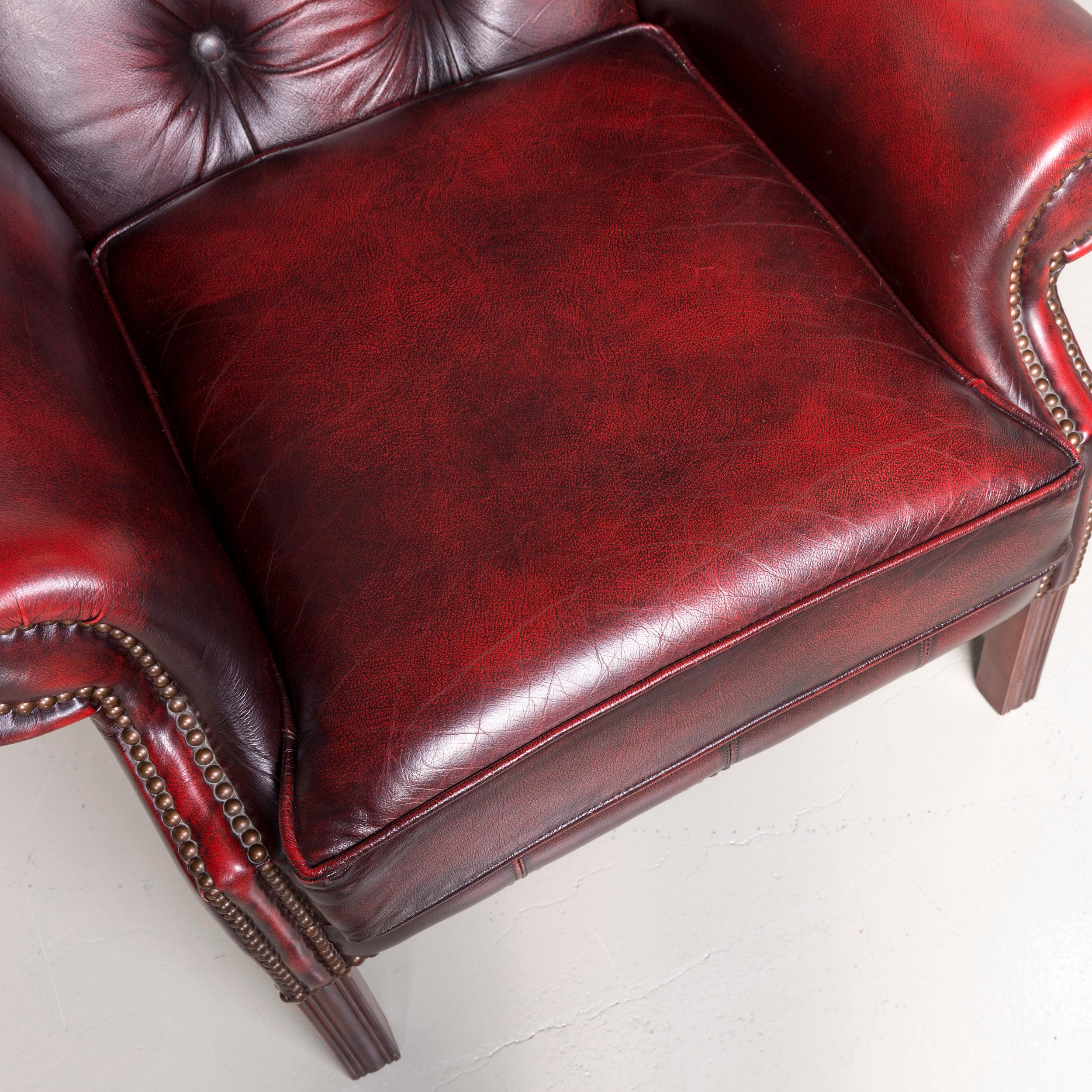 Contemporary Centurion Chesterfield Leather Armchair Footstool Set Red Vintage