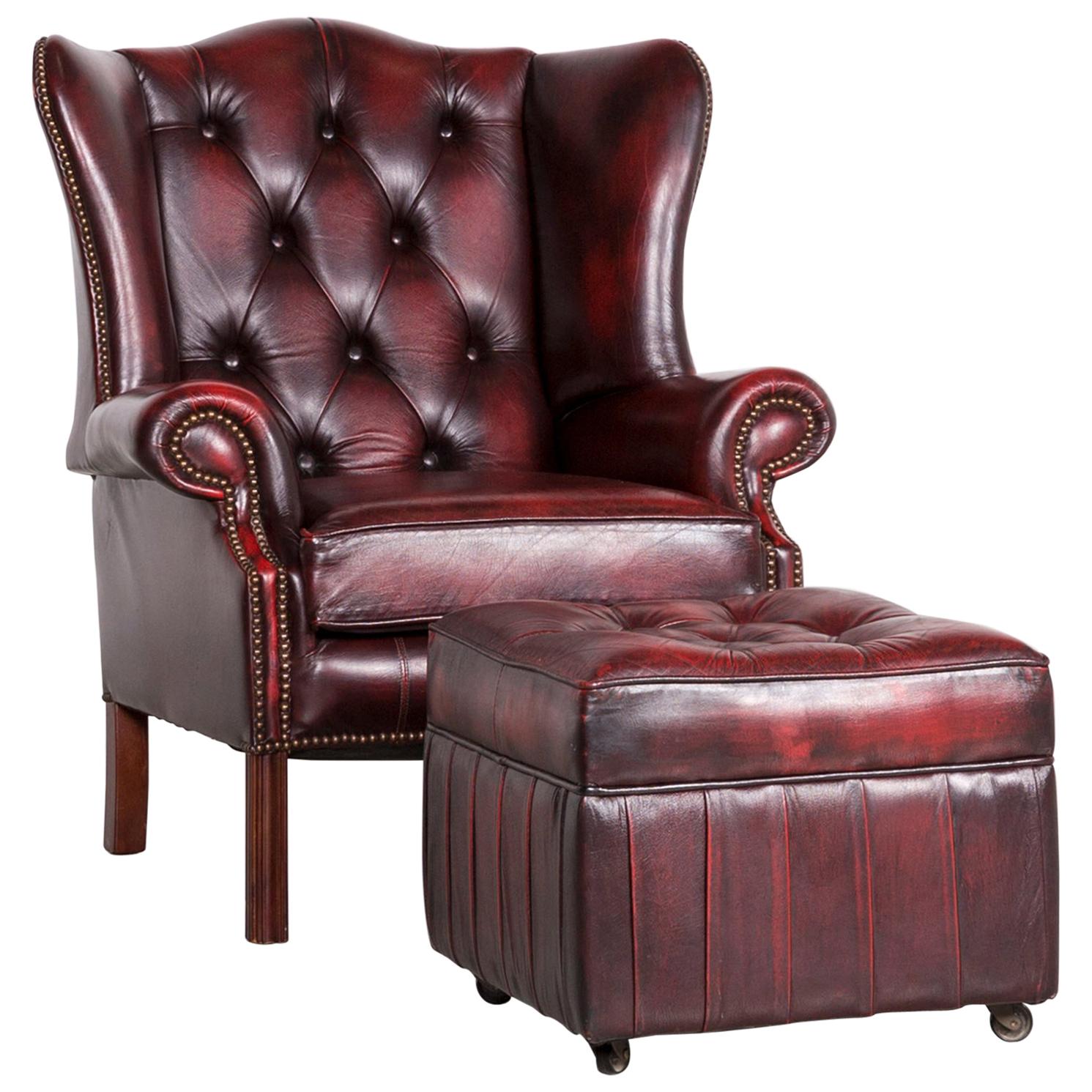 Centurion Chesterfield Leather Armchair Footstool Set Red Vintage