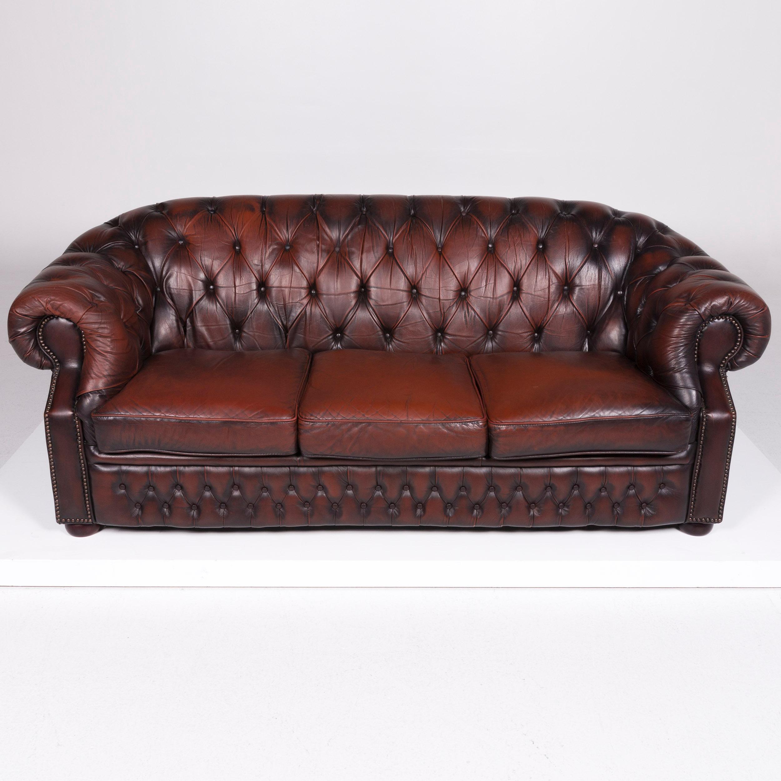 British Centurion Leather Sofa Brown Three-Seat Chesterfield