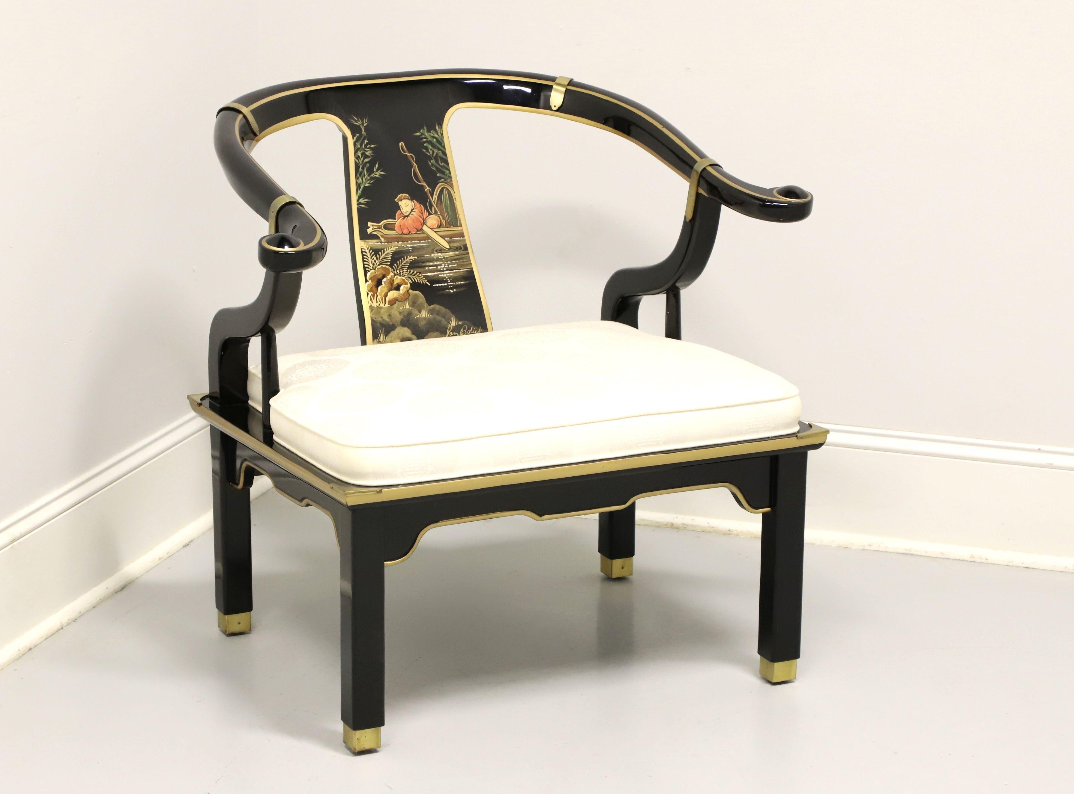 CENTURY Black Lacquer & Brass Chinoiserie Ming Hand Painted Horseshoe Armchair 4