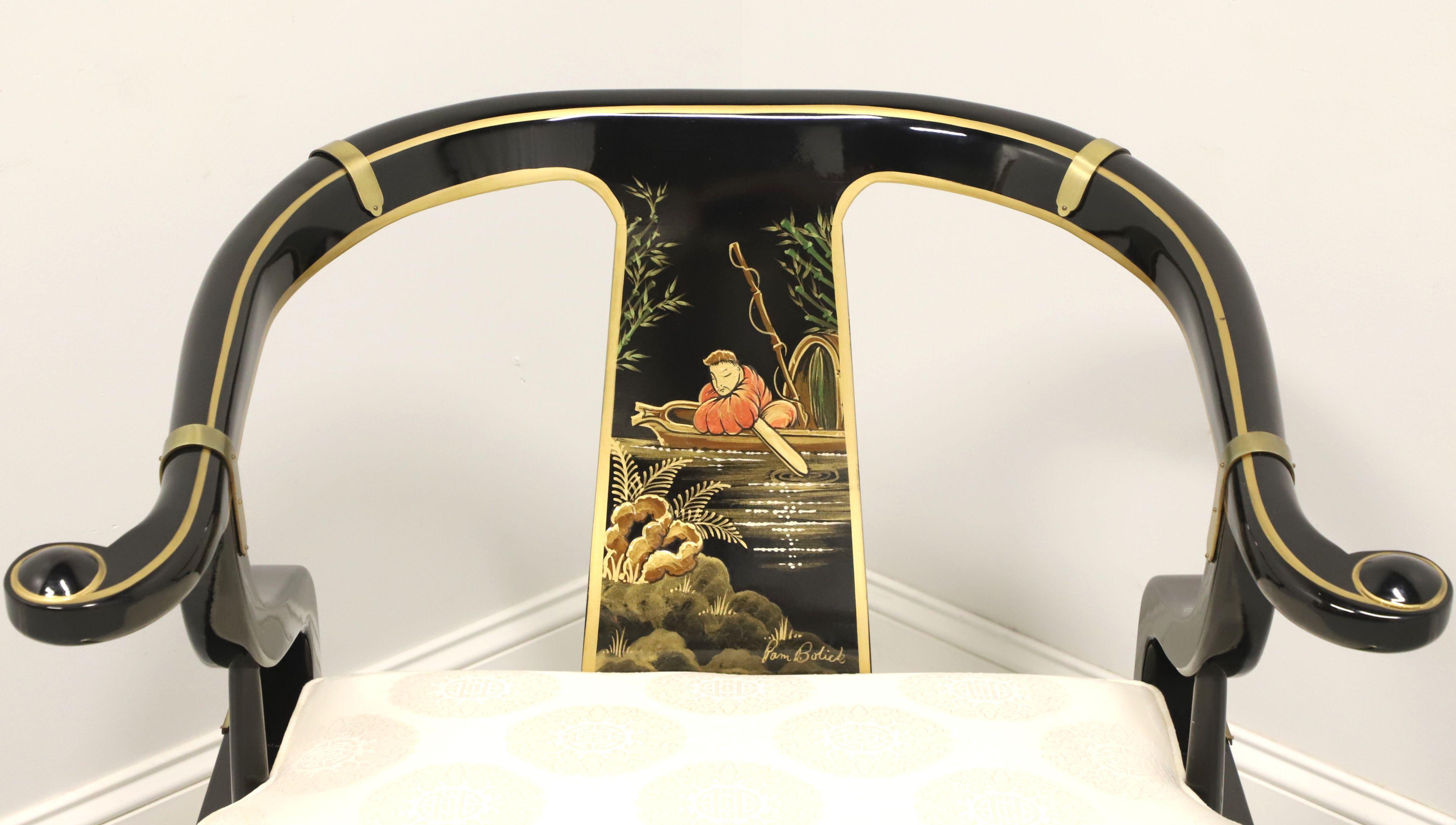 CENTURY Black Lacquer & Brass Chinoiserie Ming Hand Painted Horseshoe Armchair In Good Condition In Charlotte, NC