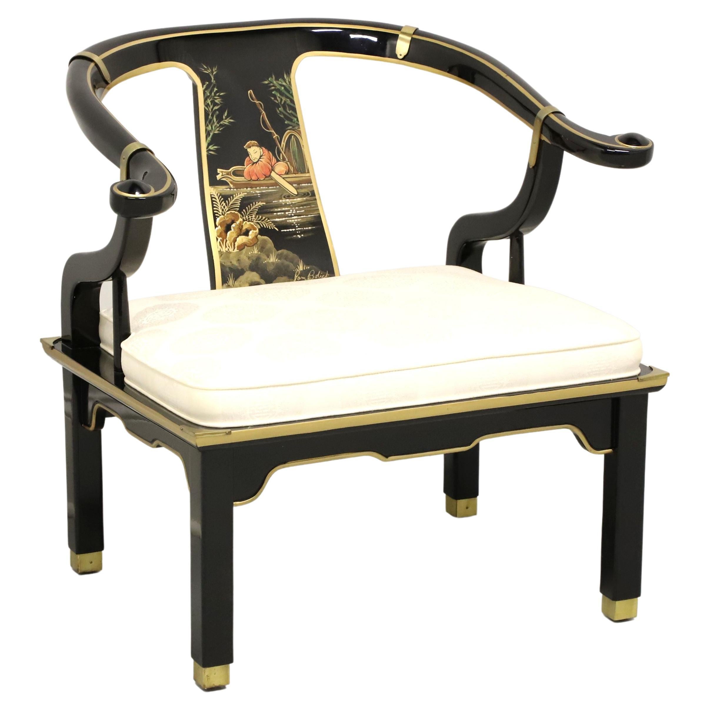 CENTURY Black Lacquer & Brass Chinoiserie Ming Hand Painted Horseshoe Armchair