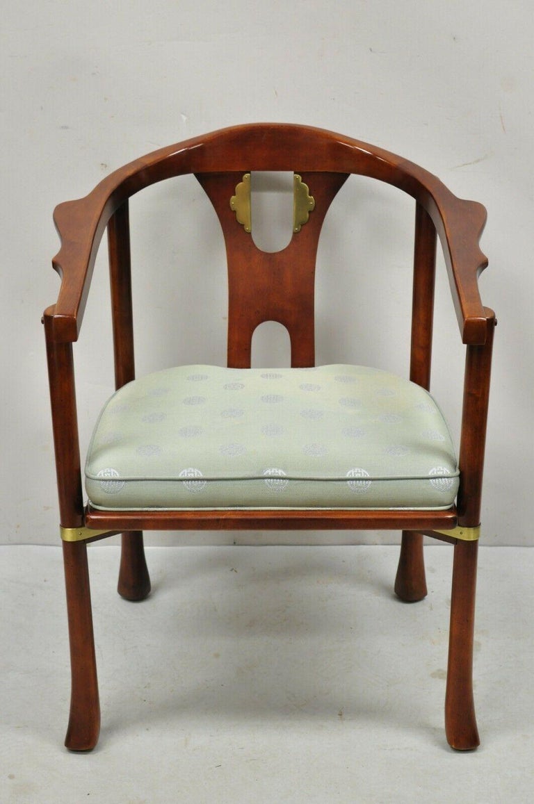 Century Chair Co. Horseshoe James Mont style oriental asian arm chair. Item features brass accents, solid wood construction, beautiful wood grain, original label, very nice vintage item, quality American craftsmanship. Late 20th Century.