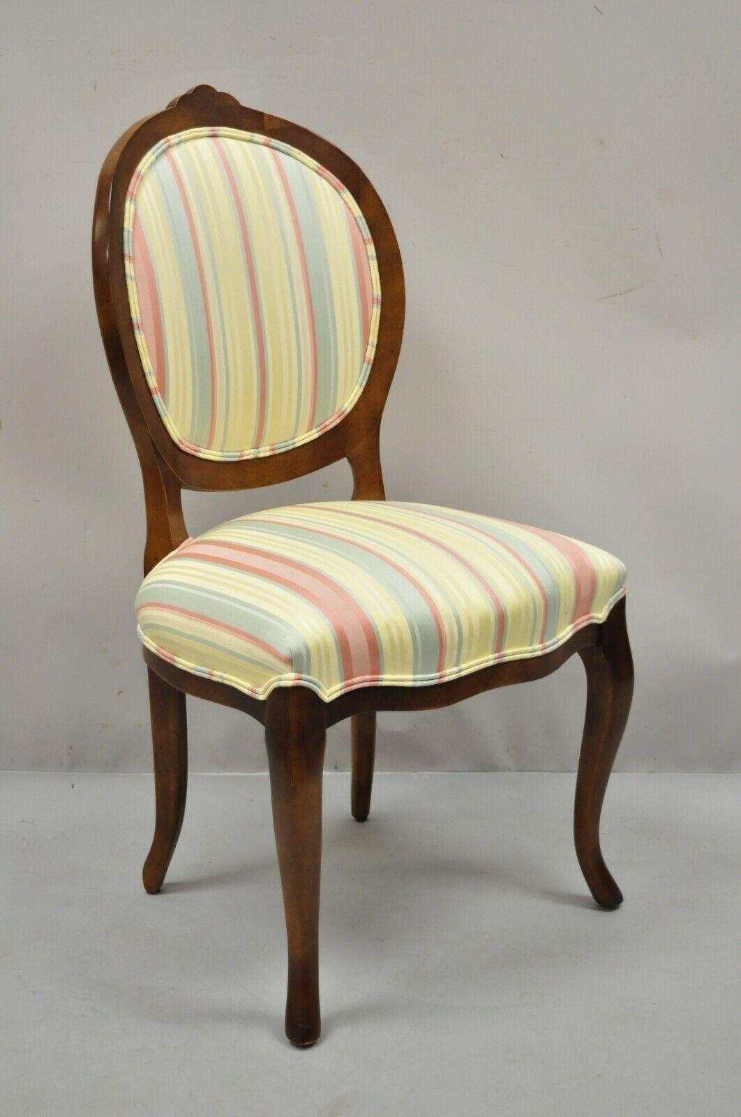 Century Chair Co Victorian Style Balloon Back Cherry Dining Side Chair. Item features gold pink, and green striped upholstery, solid wood frame, beautiful wood grain, original label, cabriole legs, quality American craftsmanship, great style and