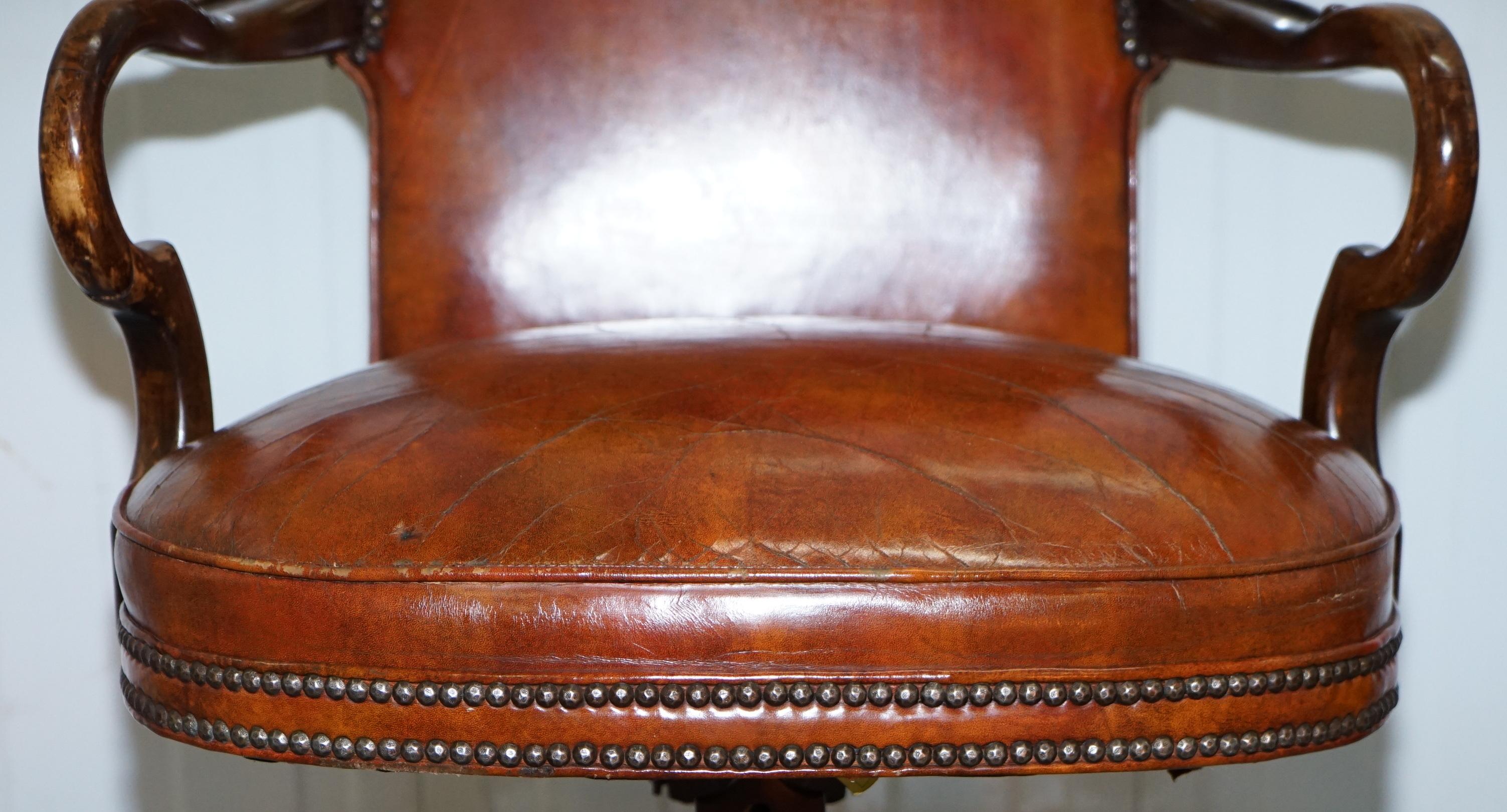 Hand-Crafted Century Chair Company Hand Dyed Brown Leather Captions Directors Office Chair