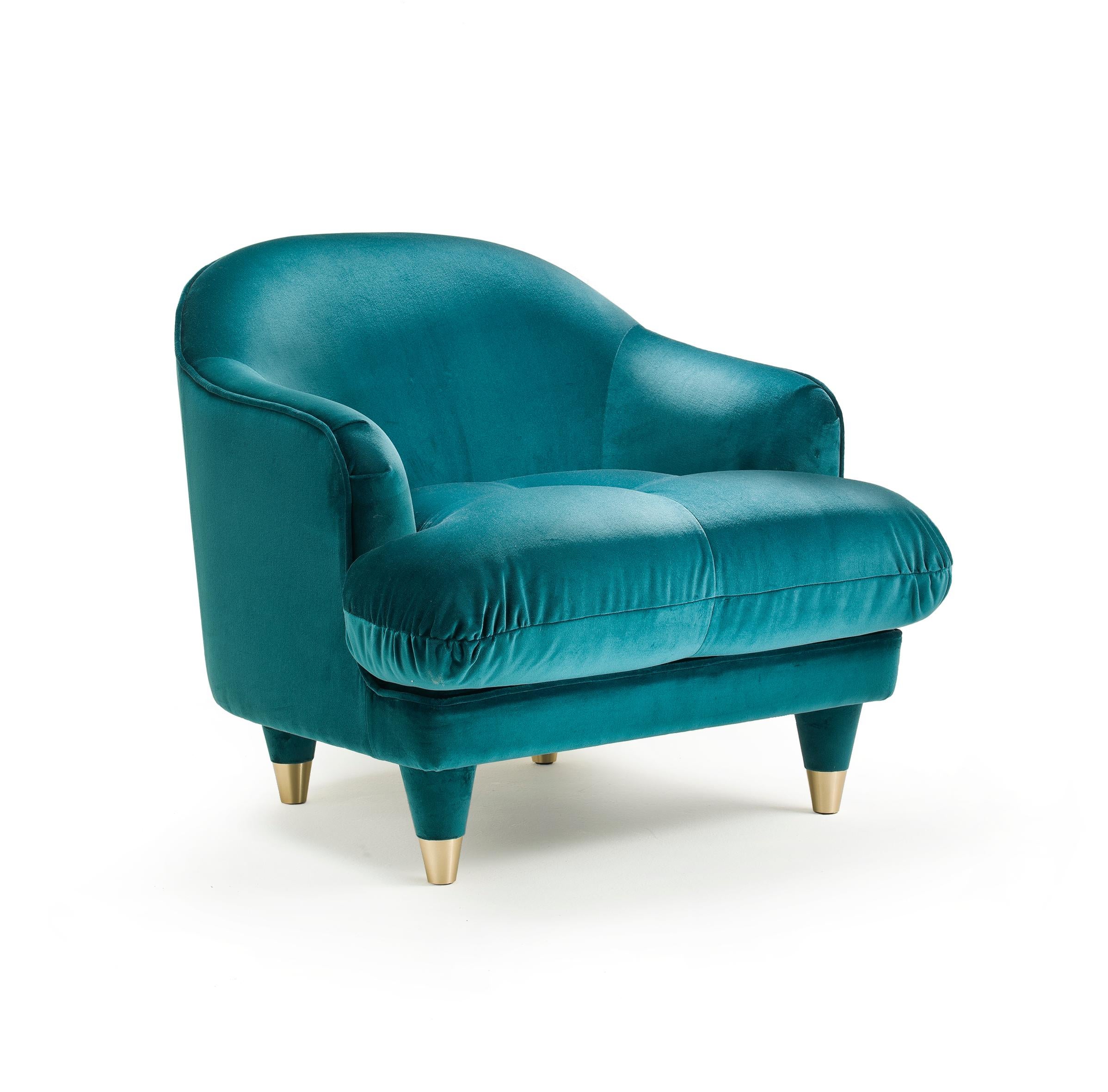 Italian CENTURY/CLUB Turquoise Armchair matelassè seat cushion and satin brass tips For Sale