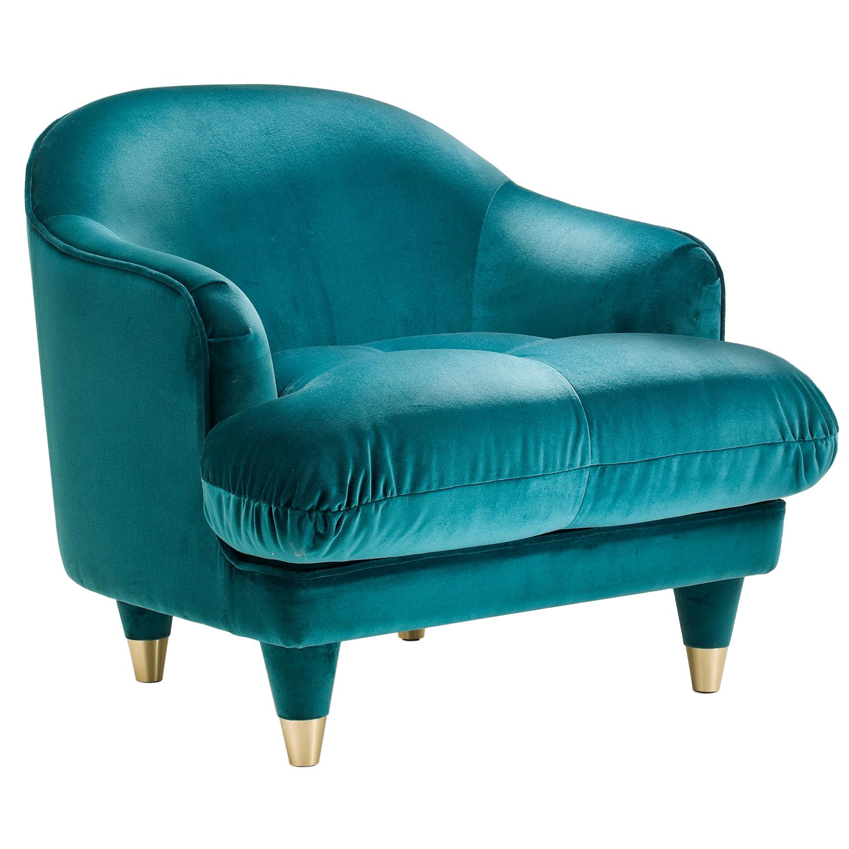 CENTURY/CLUB Fauteuil turquoise assise matelassée et embouts en laiton satiné