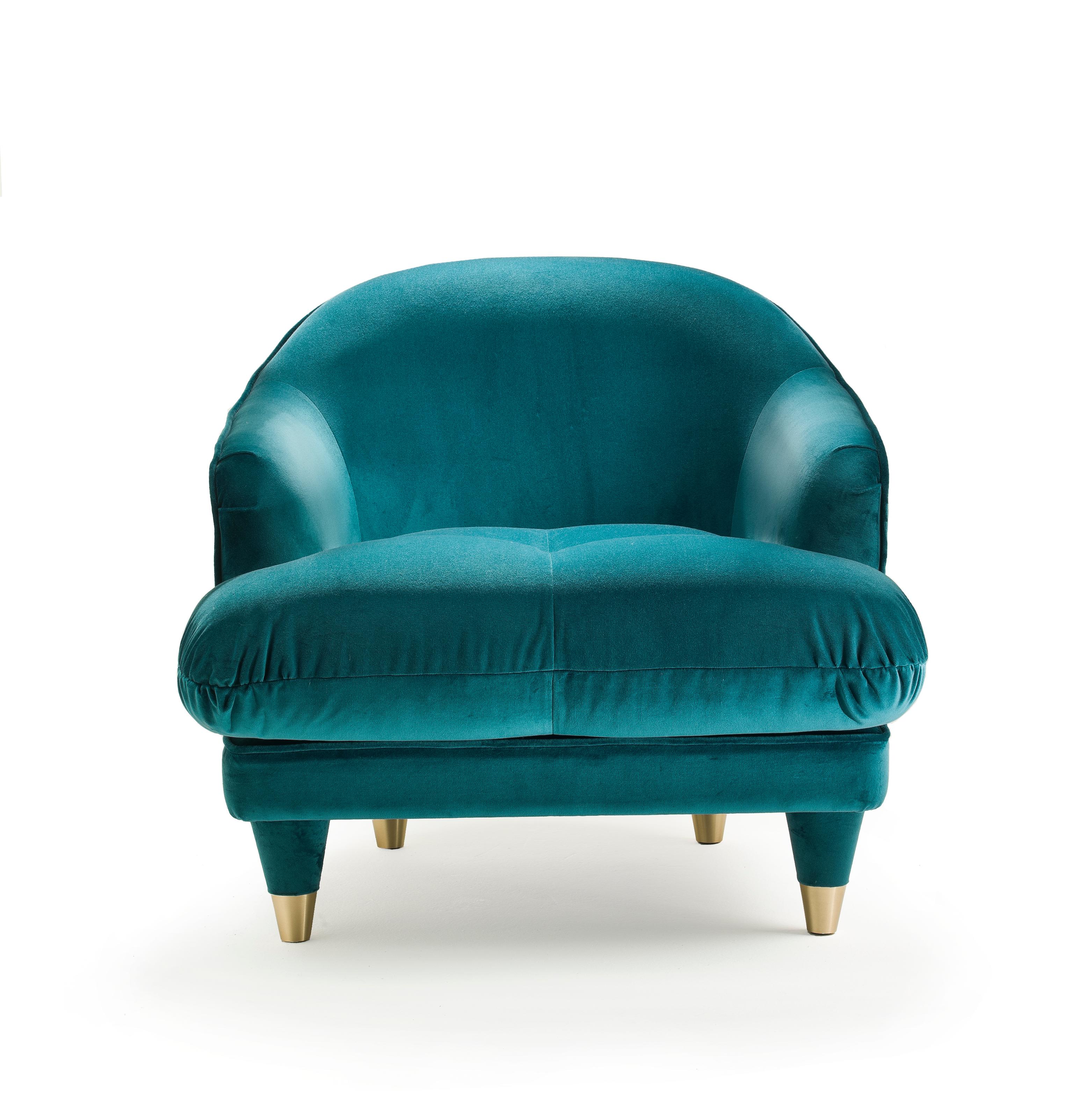 Modern CENTURY/CLUB Turquoise Armchair matelassè seat cushion and satin brass tips For Sale