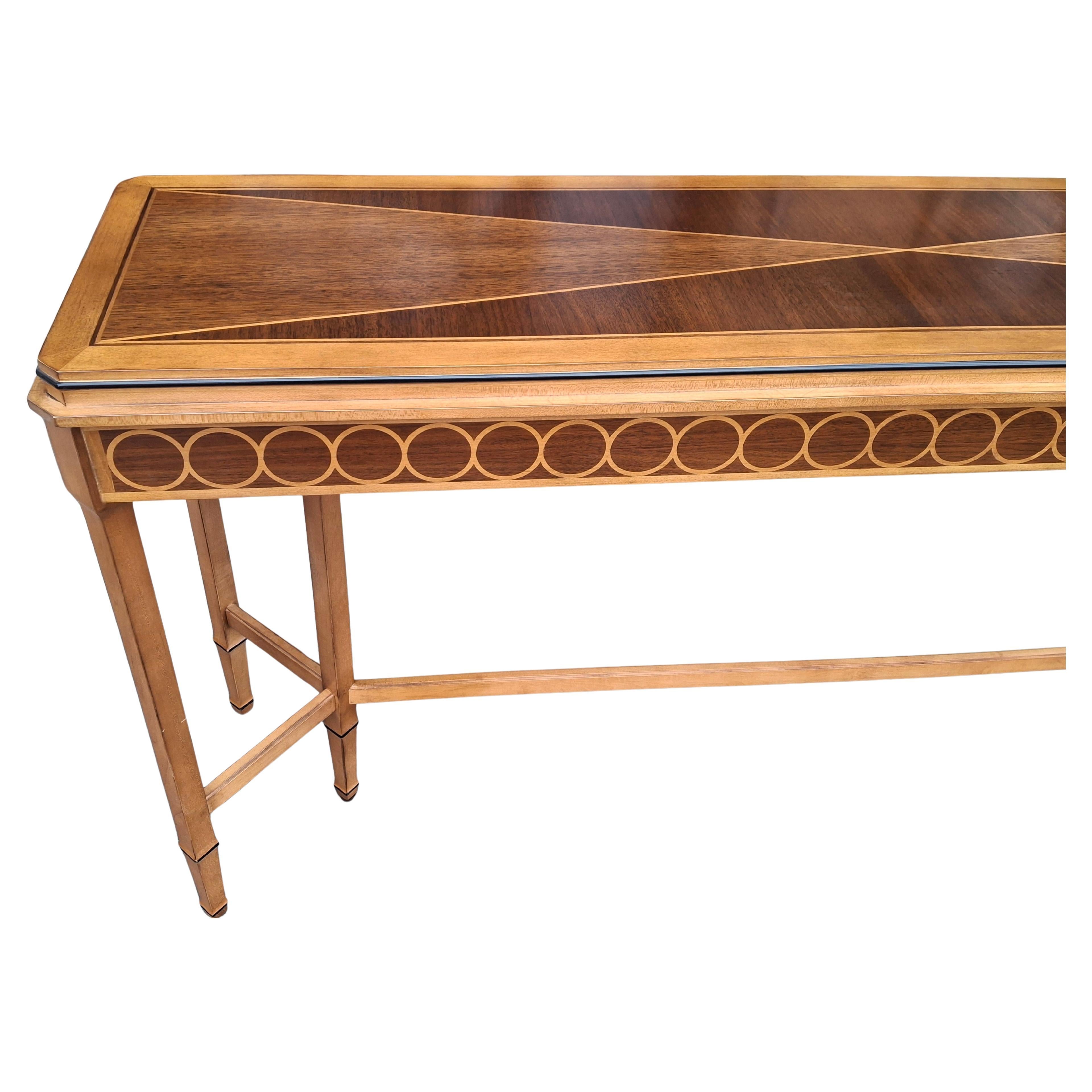  Century Furniture Compositions Collection Neoclassical Inlaid Mixed Woods  Sofa Table Console Table. Features rare 6 legs and a Stretcher 
Measures 55.5