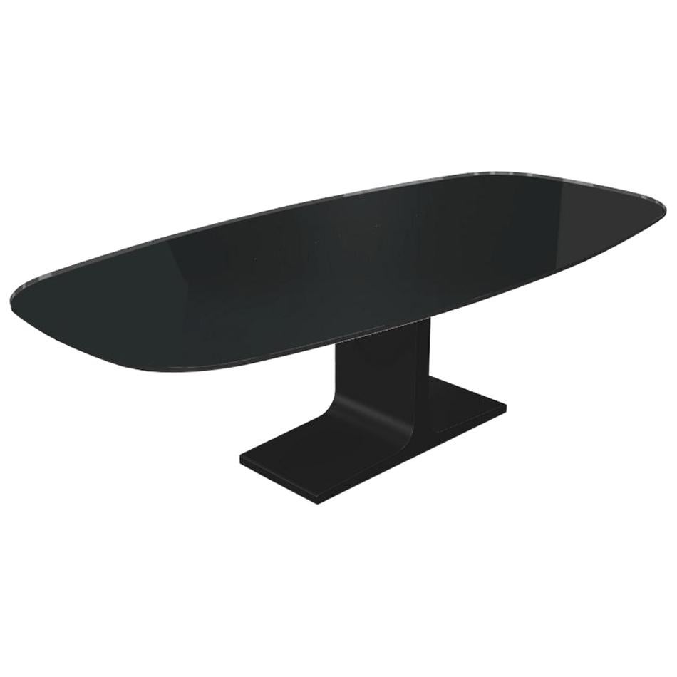 Century, Mesa de comedor Tapa de cristal negro sobre base de metal, Made in Italy