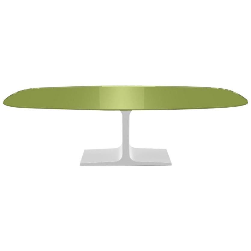 Century, Dining Table Green Glass Top on Metal Base, Made in Italy