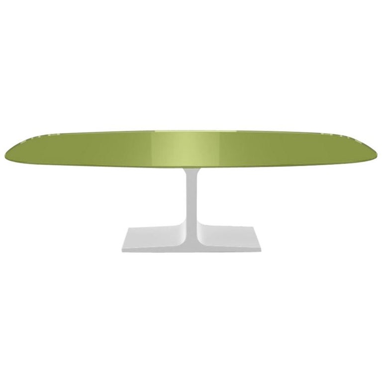 Century, Dining Table Green Glass Top on Metal Base, Made in Italy For Sale