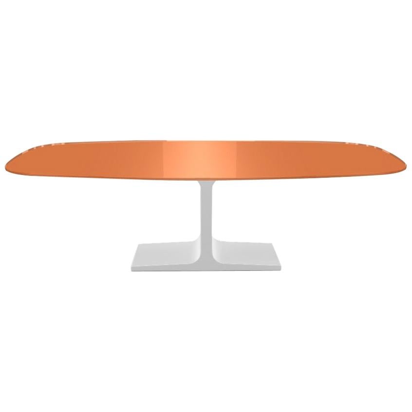 Century, Dining Table Orange Glass Top on Metal Base, Made in Italy