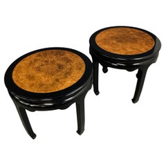 Century Ebonized Pair of Pagoda Side Tables with A Burl Top Chin Hua Collection