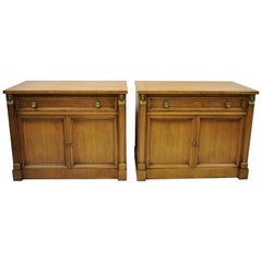 Century French Empire Neoclassical Figural Banded Burl Wood Nightstands, a Pair