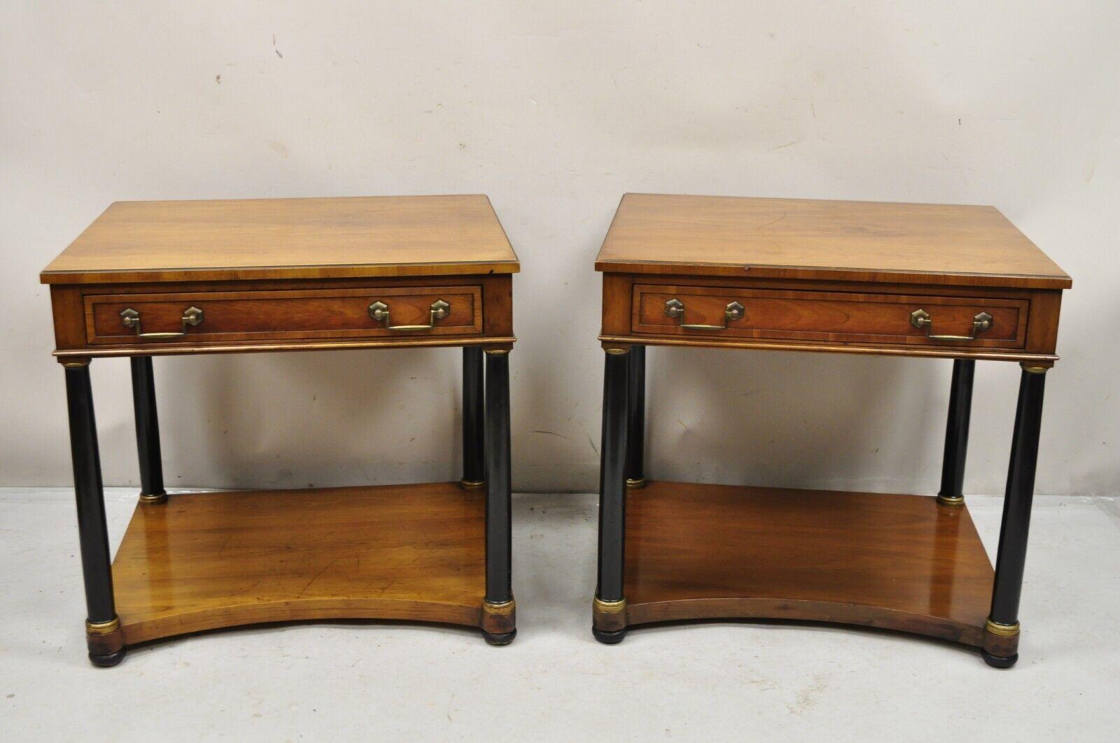 Century French Empire Style Cherry Wood Black Column 1 Drawer End Tables - Pair. Item features one dovetailed drawer, solid wood construction, finished back, original stamp, nice vintage pair. Circa Late 20th Century. Measurements: 25.5