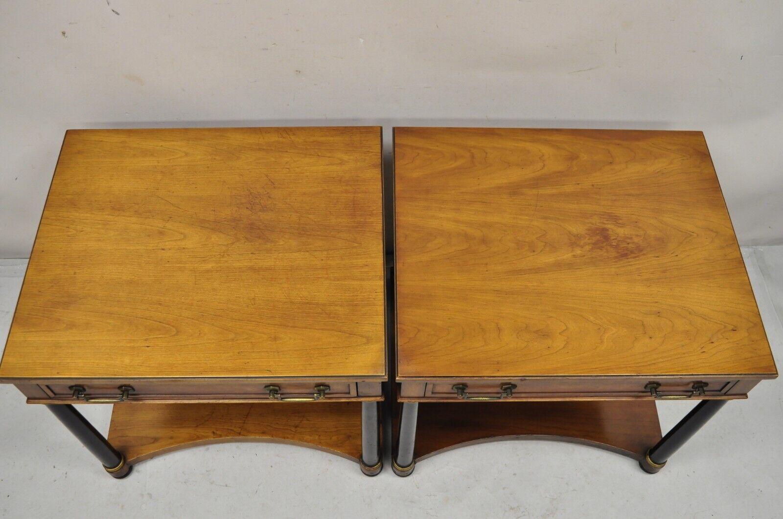 Century French Empire Style Cherry Wood Black Column 1 Drawer End Tables - Pair In Good Condition For Sale In Philadelphia, PA