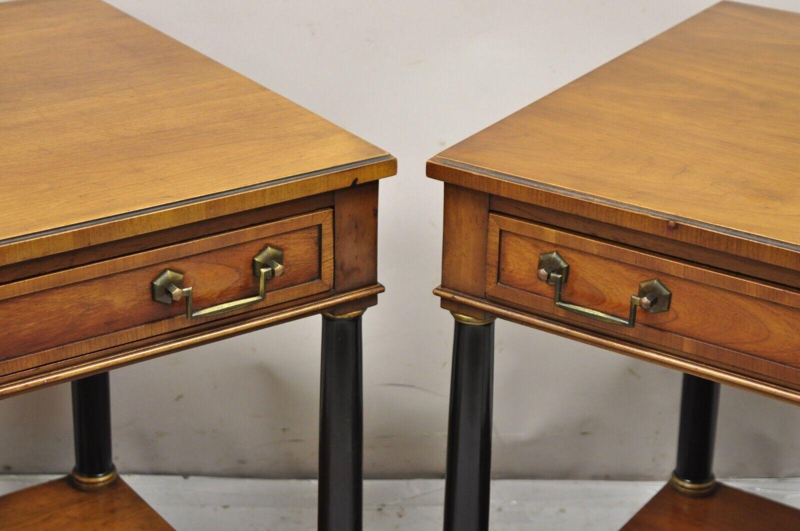 20th Century Century French Empire Style Cherry Wood Black Column 1 Drawer End Tables - Pair For Sale