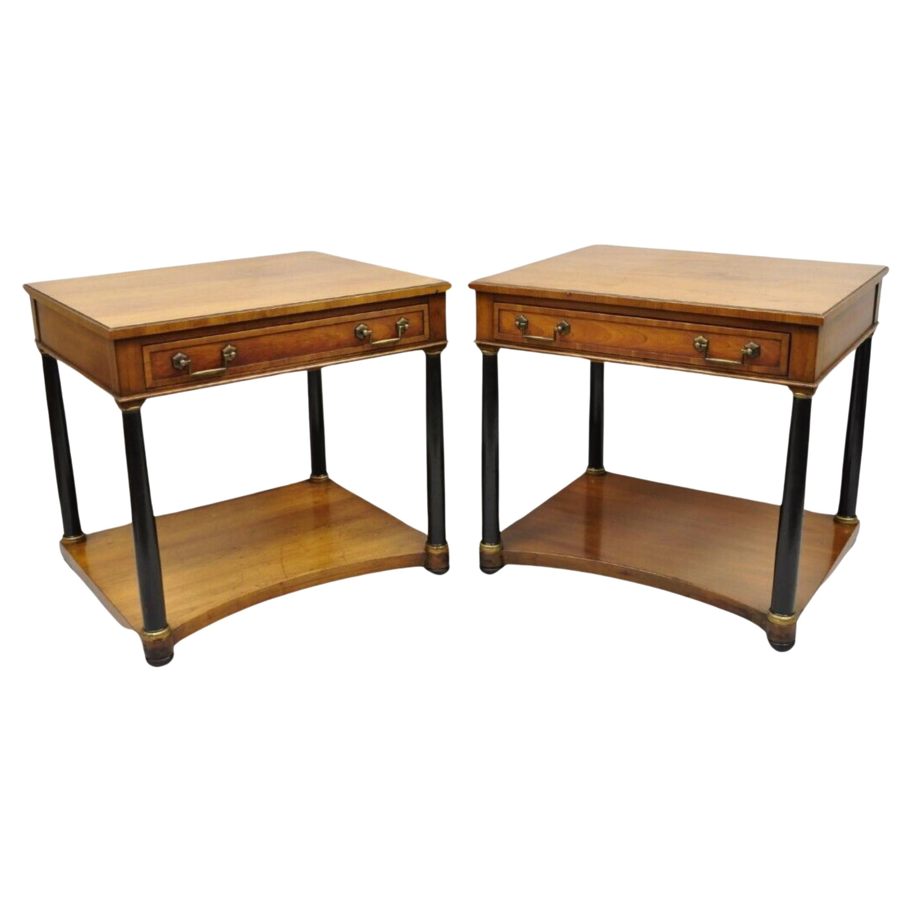 Century French Empire Style Cherry Wood Black Column 1 Drawer End Tables - Pair For Sale