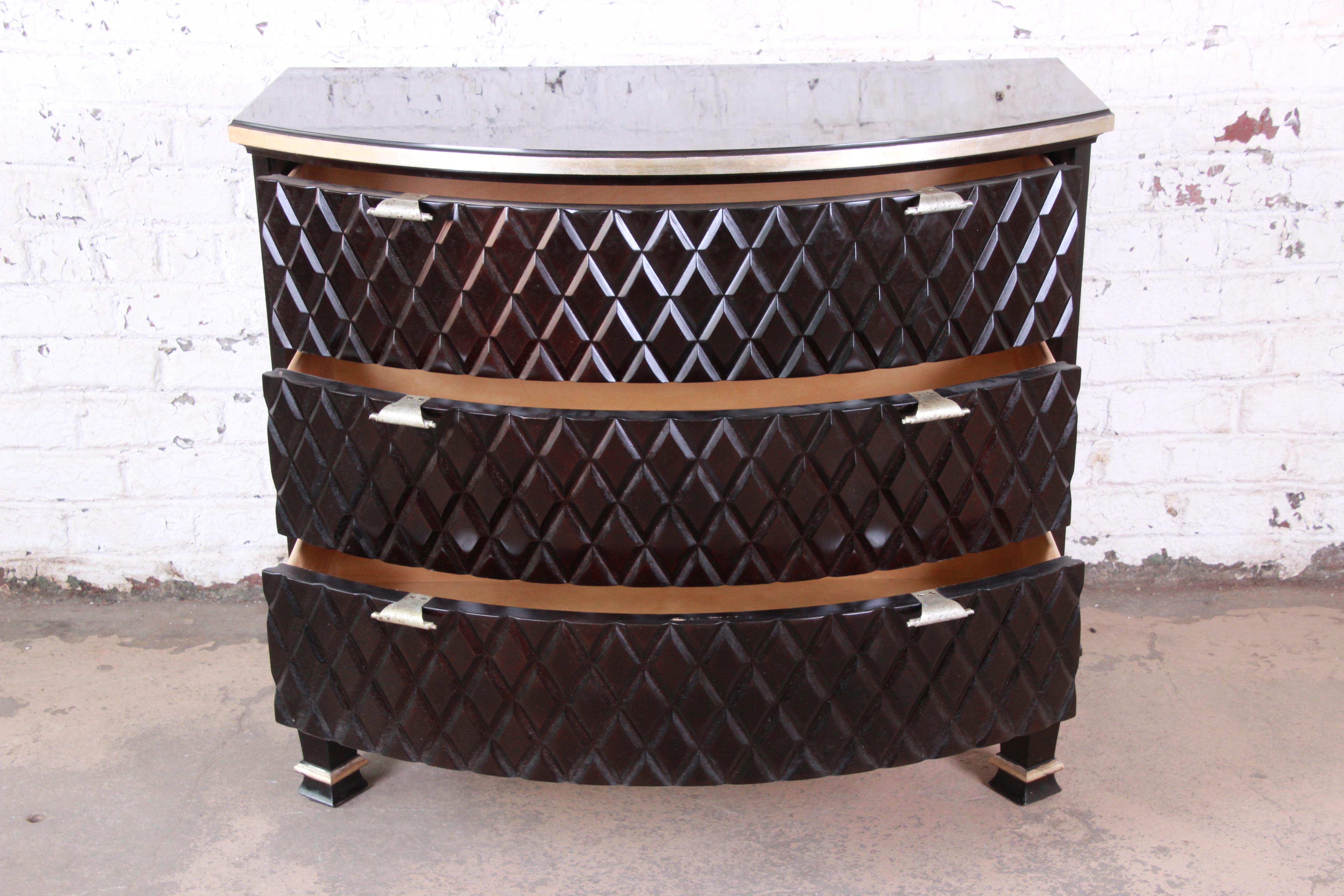 Late 20th Century Century Furniture Art Deco Sculpted Diamond Black Lacquered Three-Drawer Chest