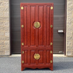 Century Furniture Asian Ming Style Tall Red Lacquer Lighted Dry Bar Cabinet