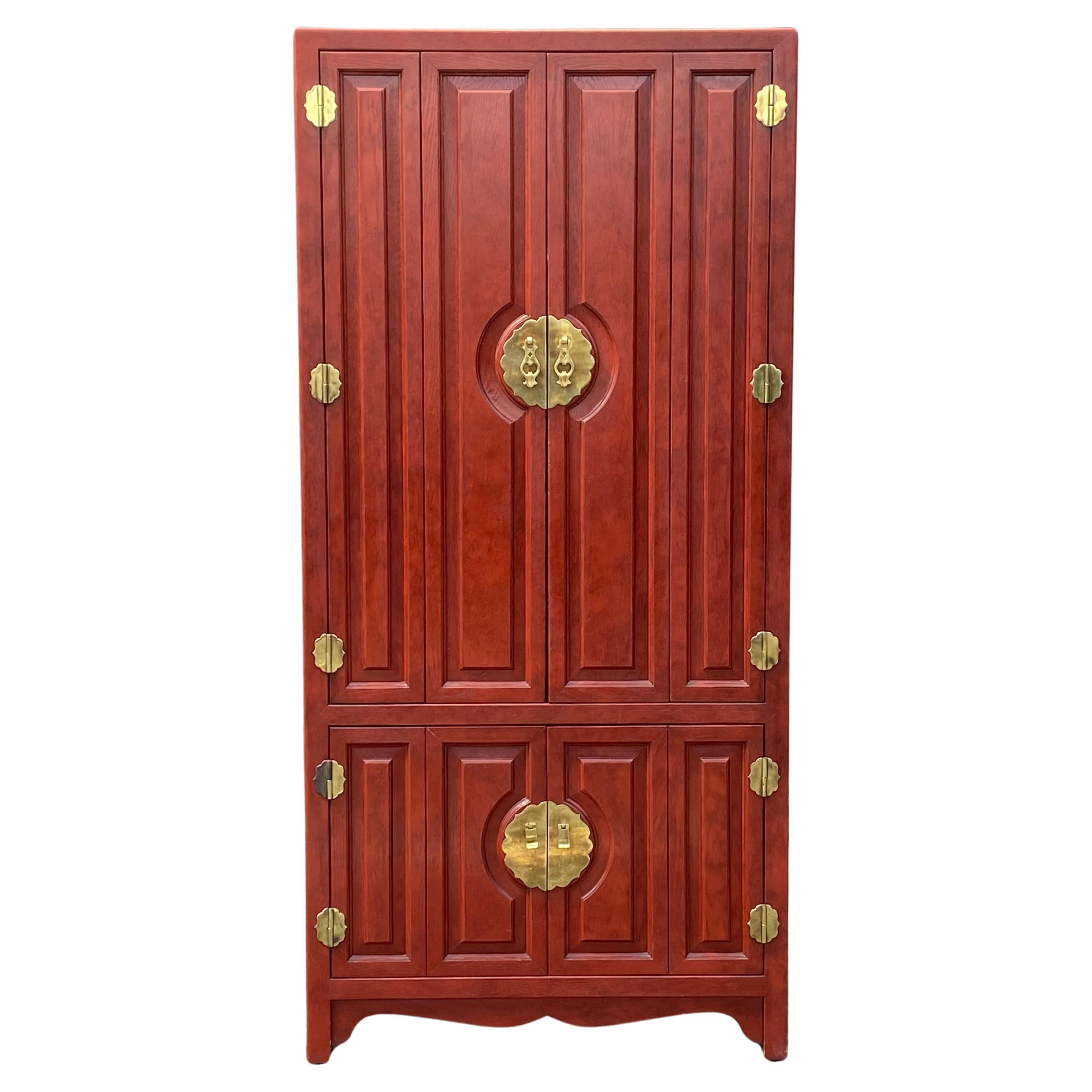 Century Furniture - Grand meuble de bar sec éclairé en laque rouge de style Ming Asian Style