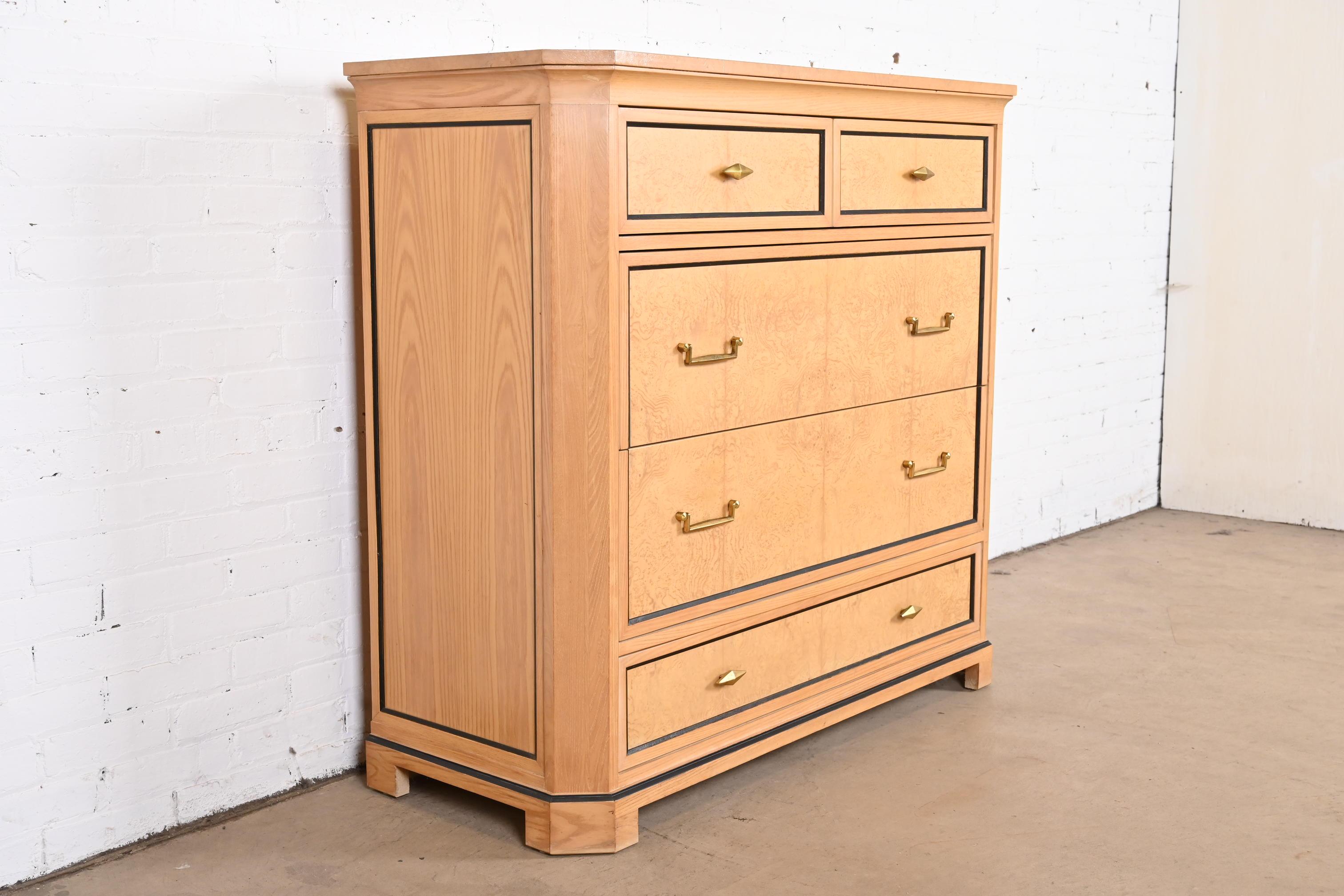 Brass Century Furniture Biedermeier Burl Wood and Parcel Ebonized Chest of Drawers