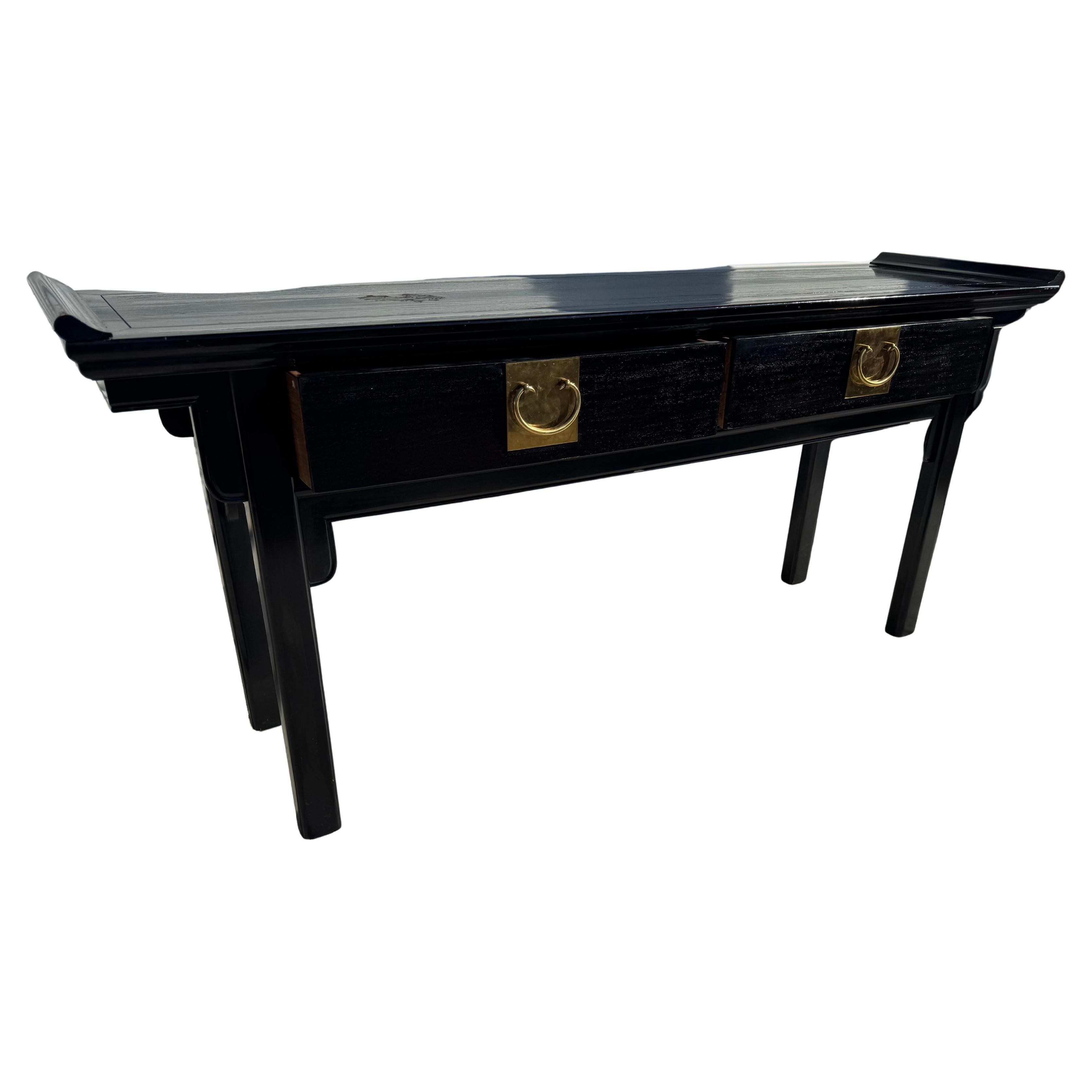 Century Furniture Black Lacquer and Brass Ming Style Console For Sale