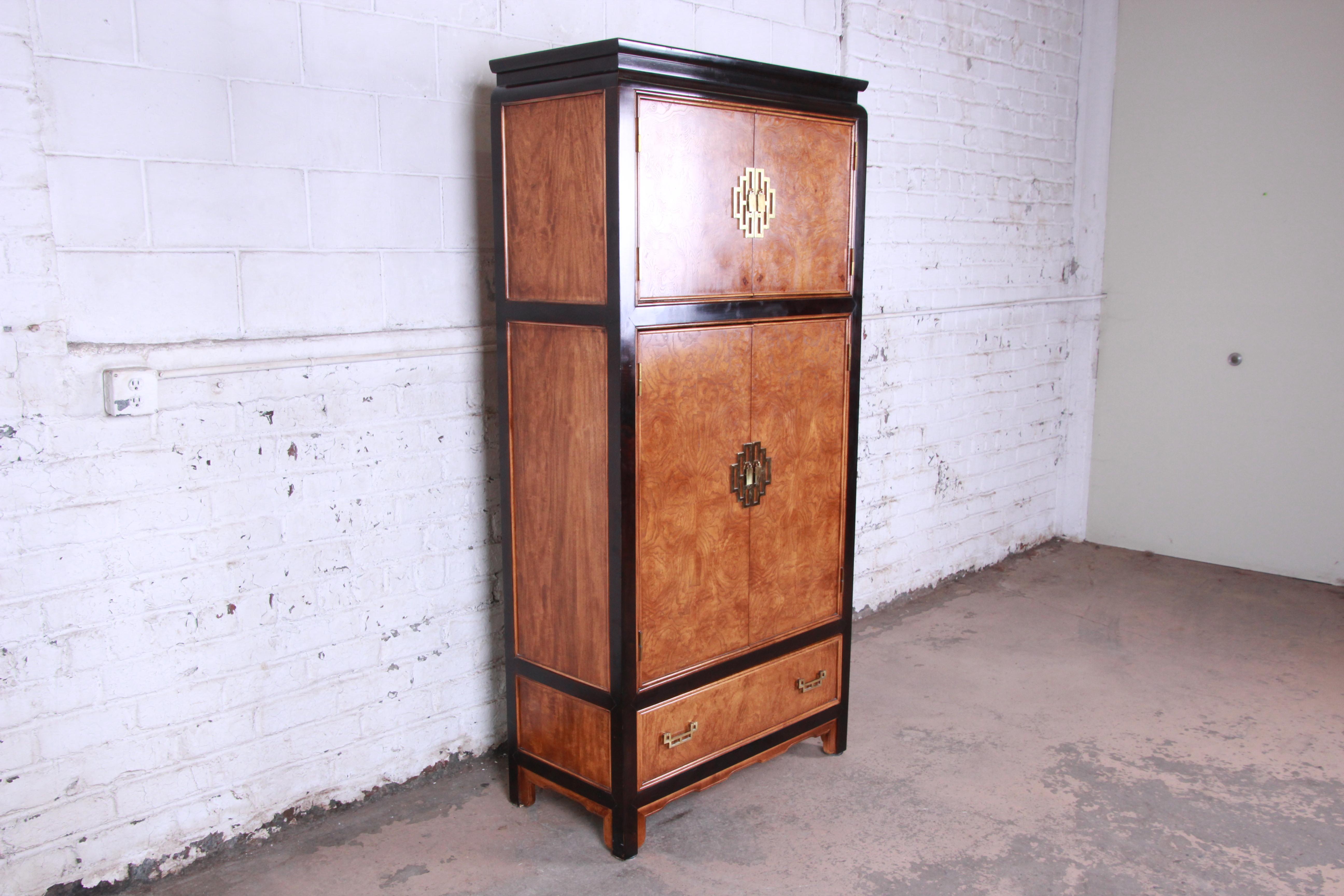 Century Furniture Black Lacquer and Burl Wood Chinoiserie Armoire Dresser In Good Condition In South Bend, IN