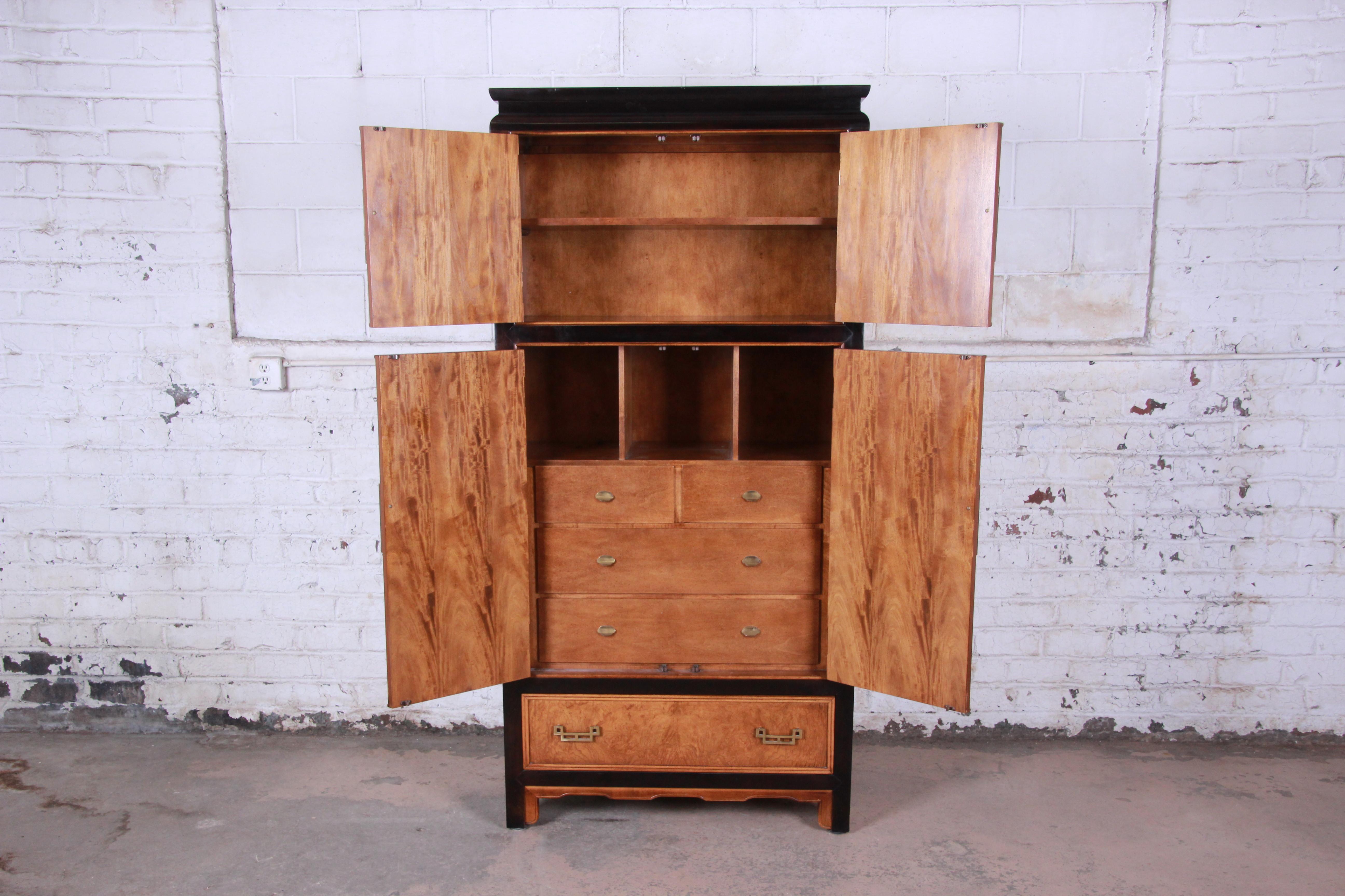 Late 20th Century Century Furniture Black Lacquer and Burl Wood Chinoiserie Armoire Dresser