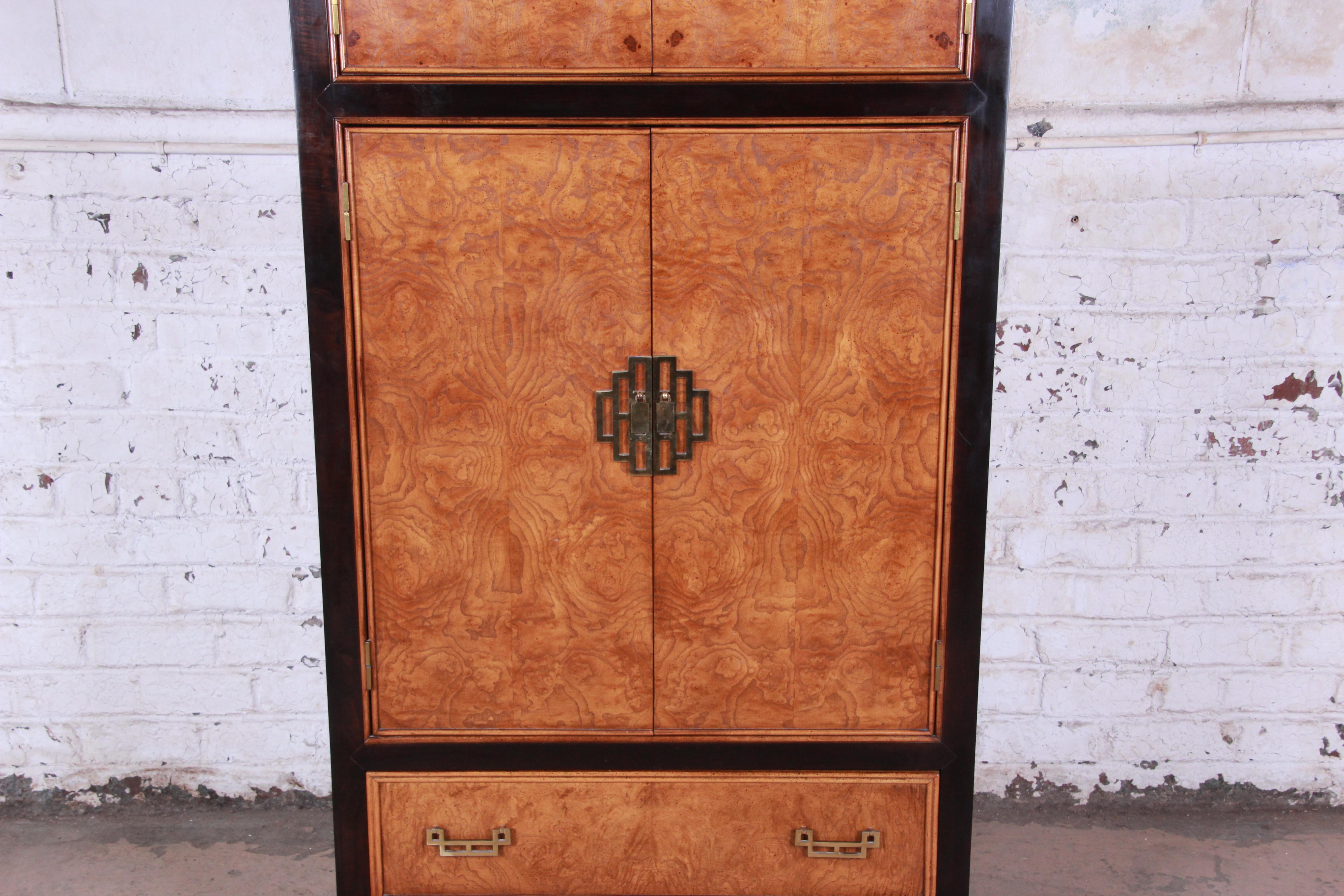 Century Furniture Black Lacquer and Burl Wood Chinoiserie Armoire Dresser 2