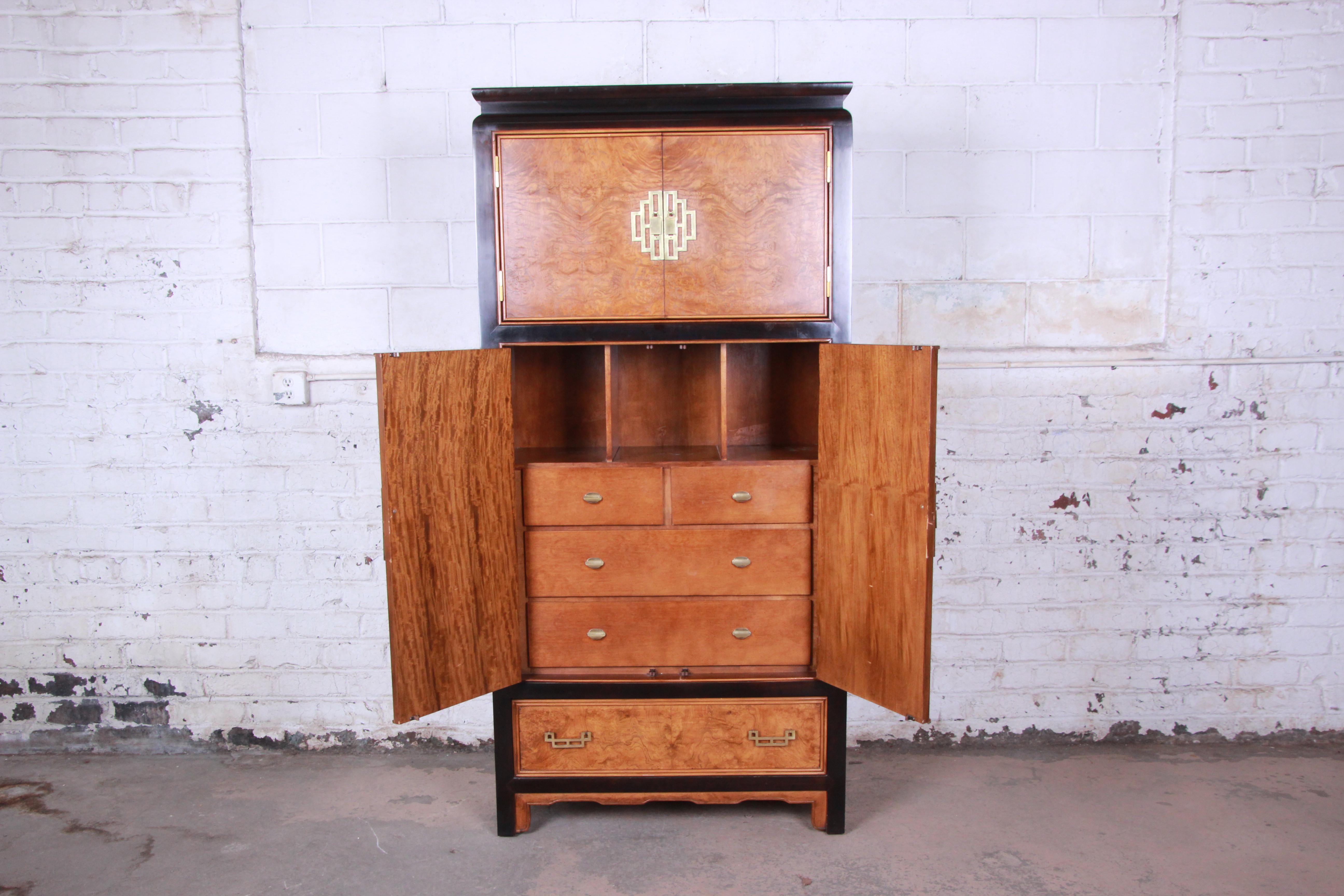Mid-Century Modern Century Furniture Black Lacquer and Burl Wood Chinoiserie Armoire Dresser