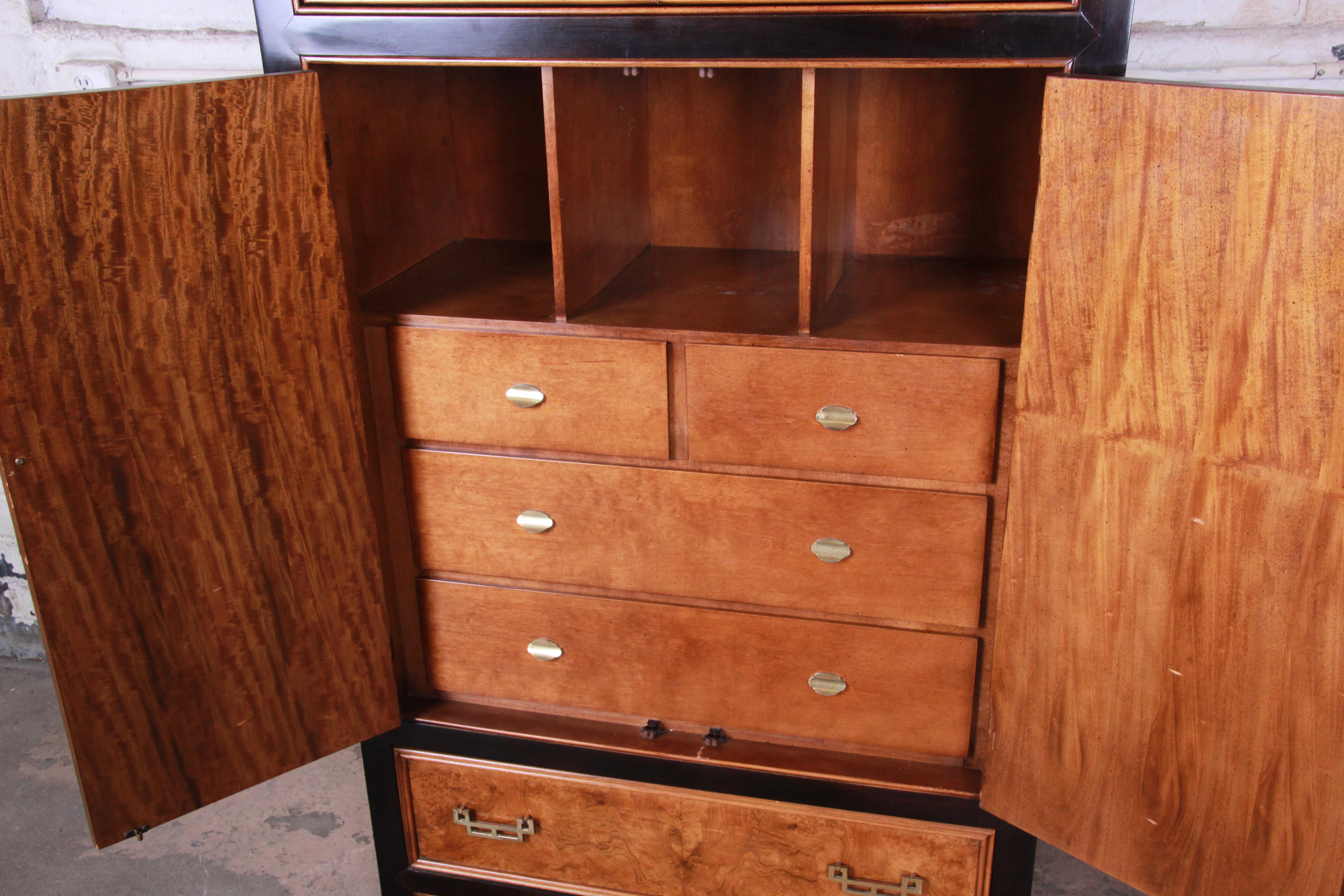 American Century Furniture Black Lacquer and Burl Wood Chinoiserie Armoire Dresser