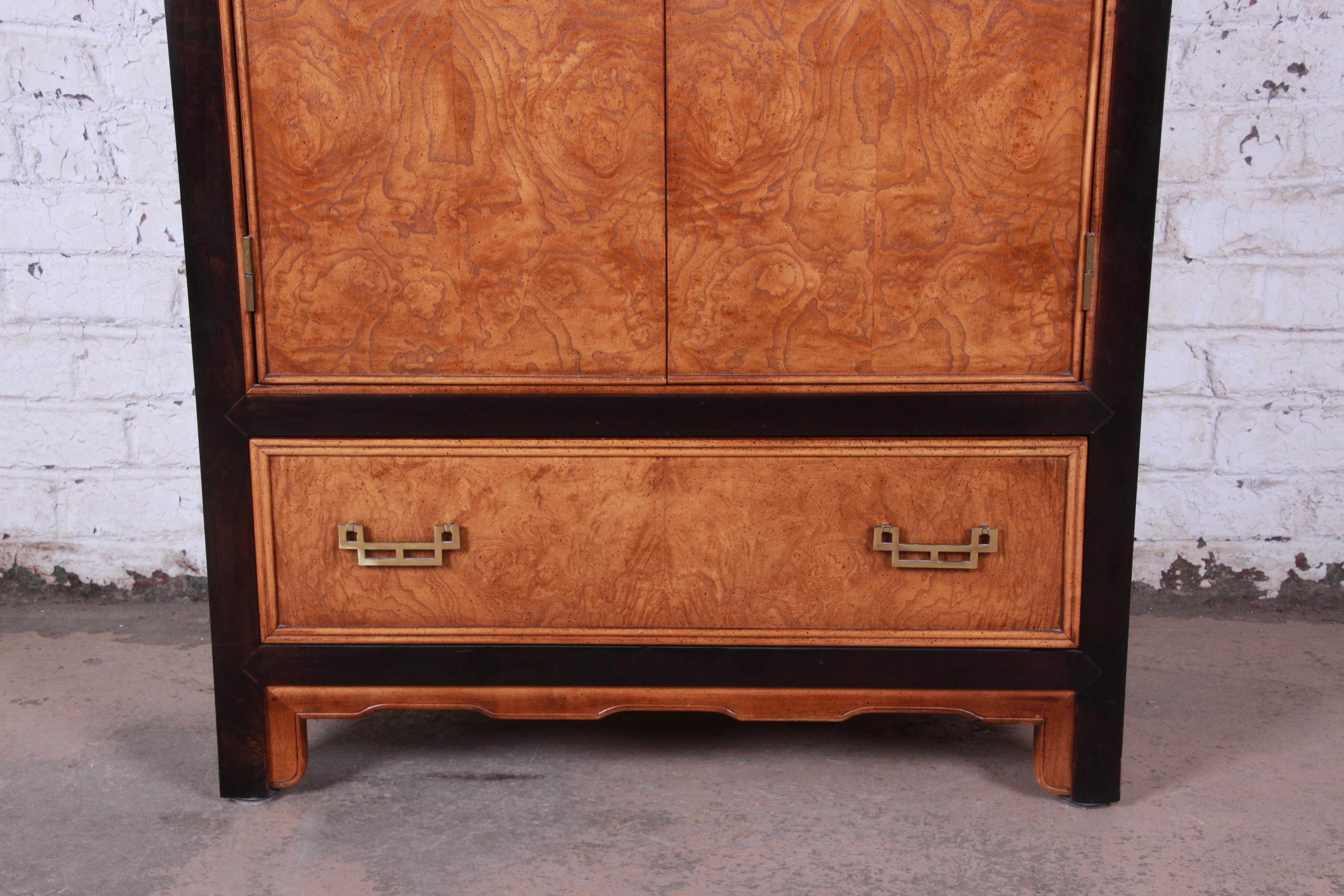 Century Furniture Black Lacquer and Burl Wood Chinoiserie Armoire Dresser 4