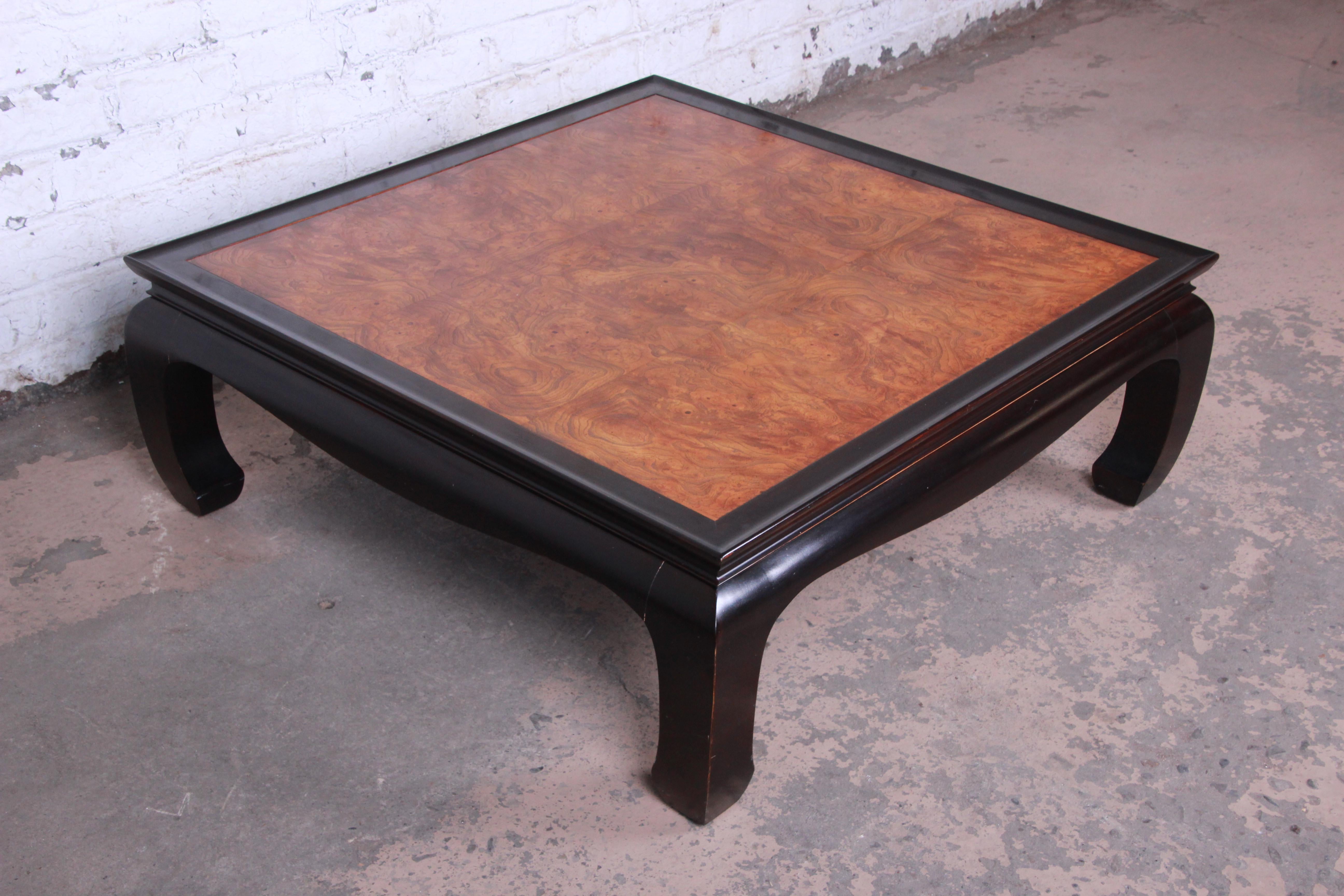 Century Furniture Black Lacquer and Burl Wood Chinoiserie Coffee Table In Good Condition In South Bend, IN