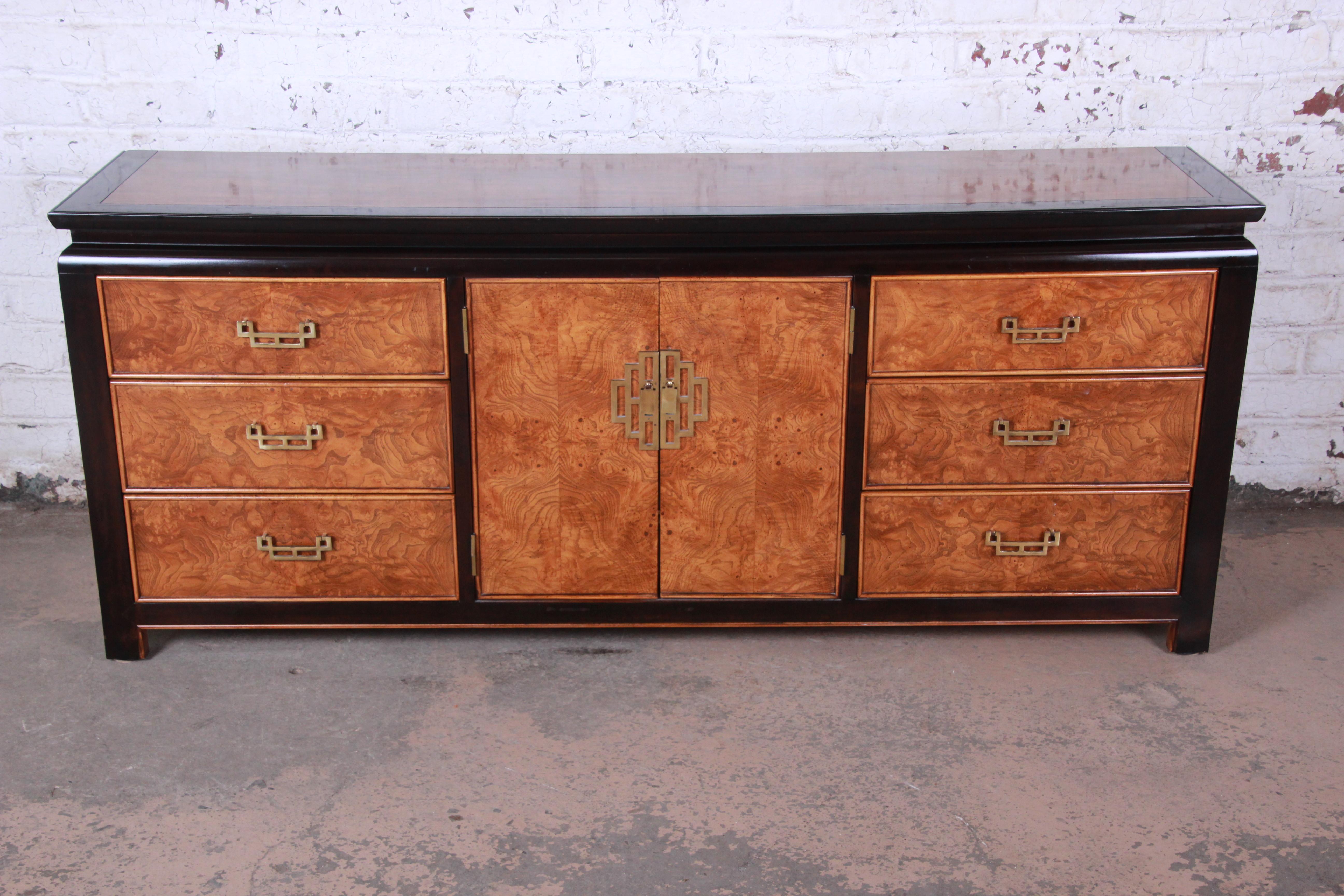 Century Furniture Black Lacquer and Burl Wood Chinoiserie Long Dresser In Good Condition In South Bend, IN