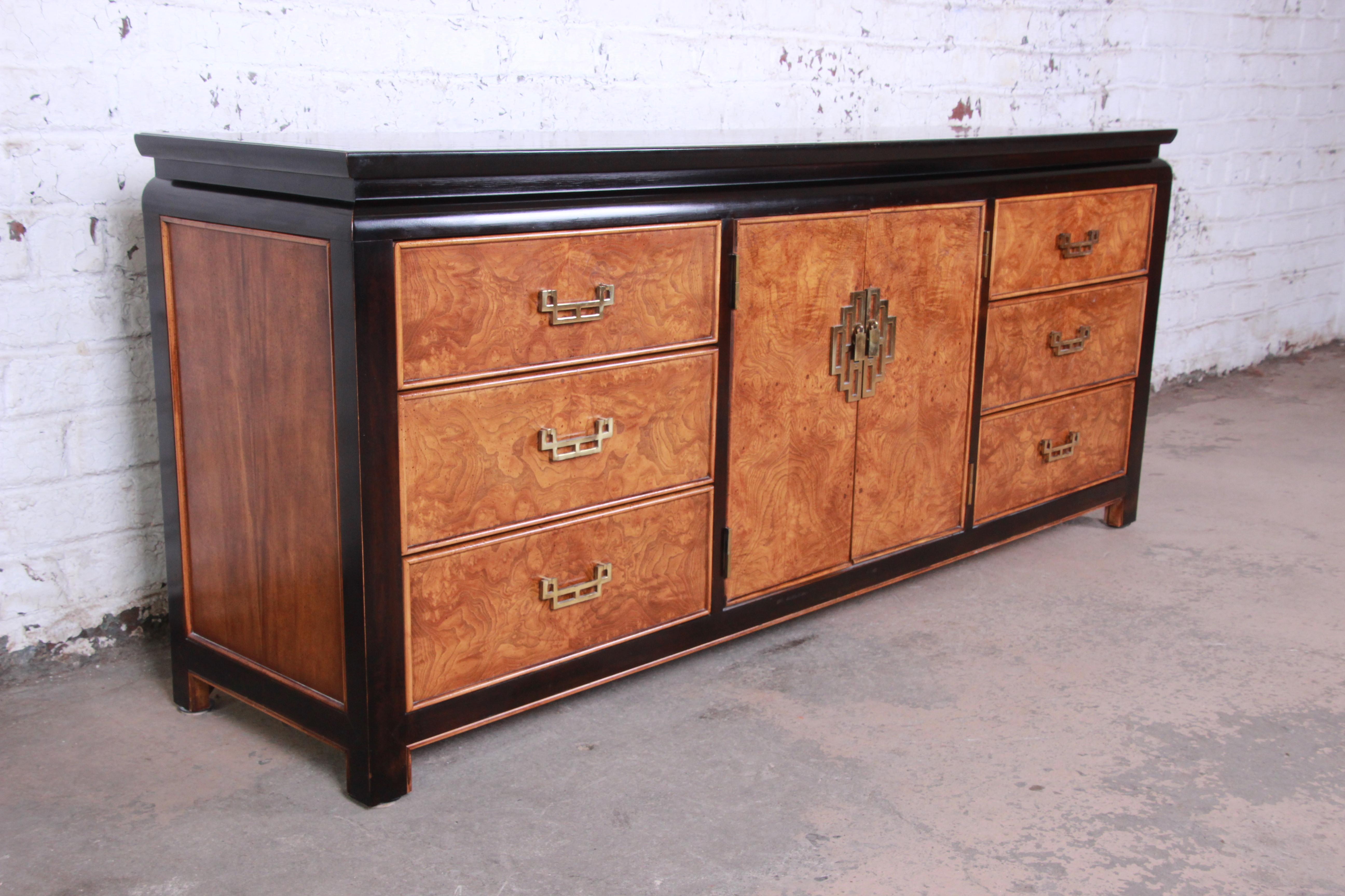 Late 20th Century Century Furniture Black Lacquer and Burl Wood Chinoiserie Long Dresser