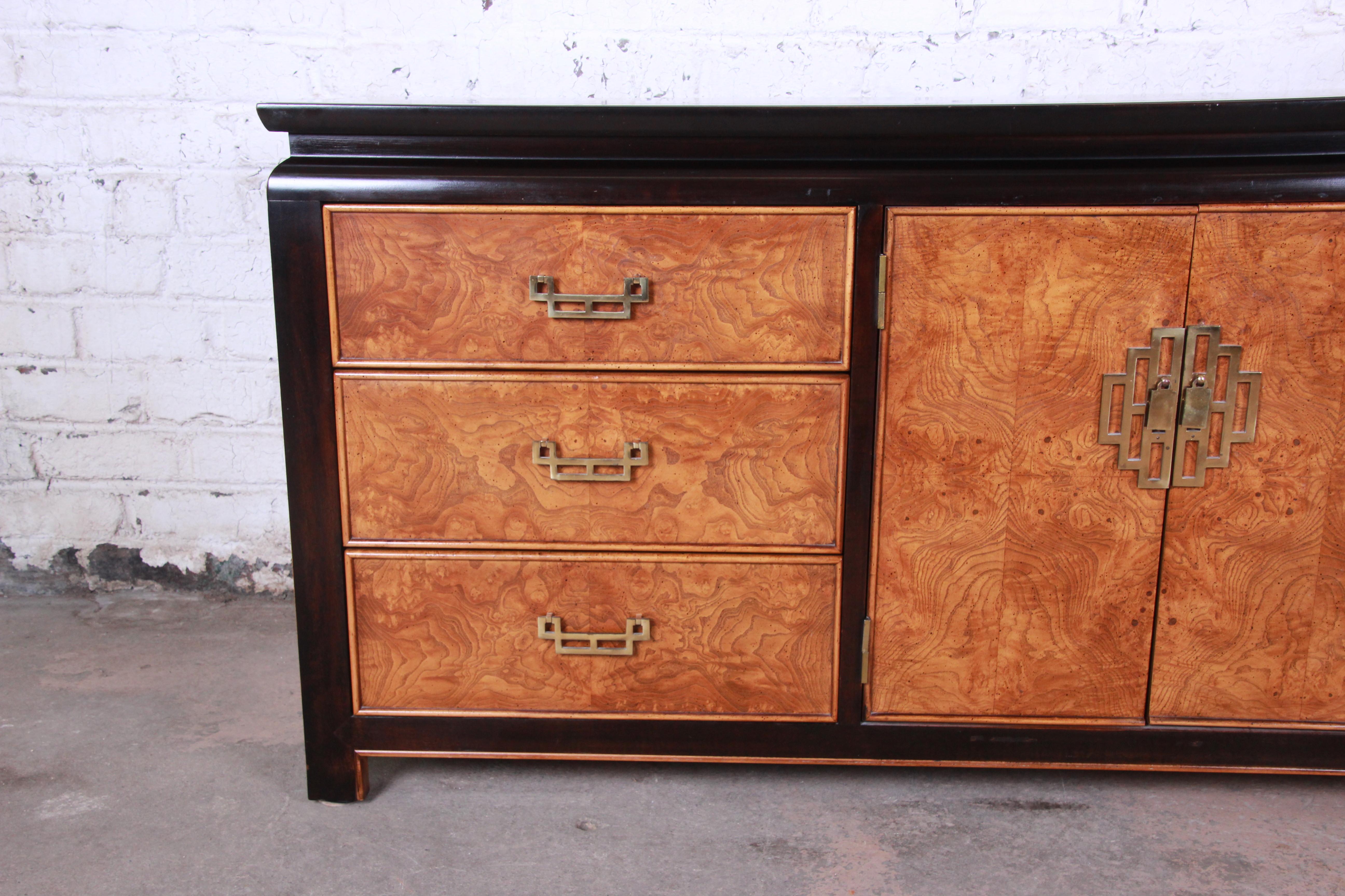 Century Furniture Black Lacquer and Burl Wood Chinoiserie Long Dresser 4
