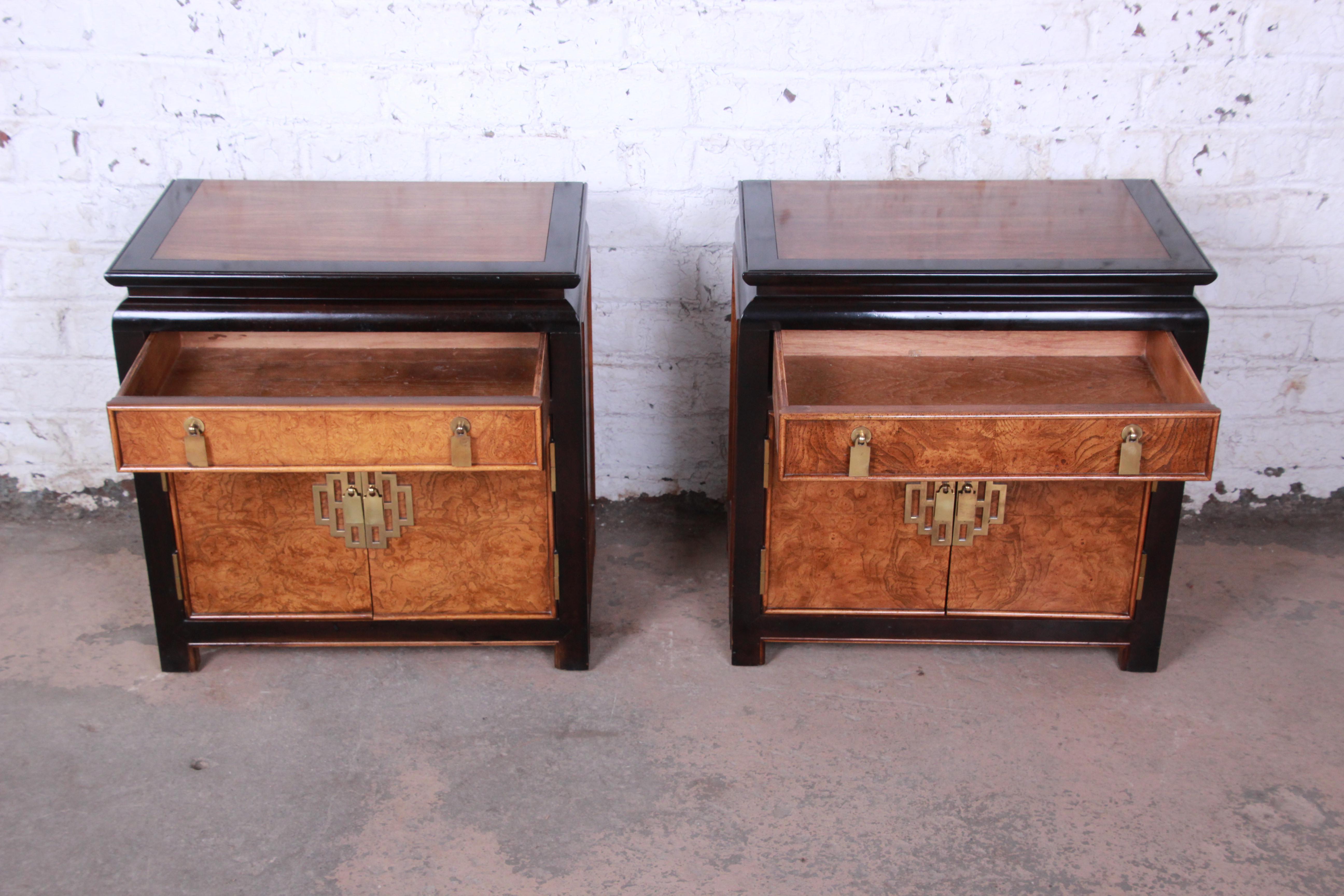 Late 20th Century Century Furniture Black Lacquer and Burl Wood Chinoiserie Nightstands, Pair