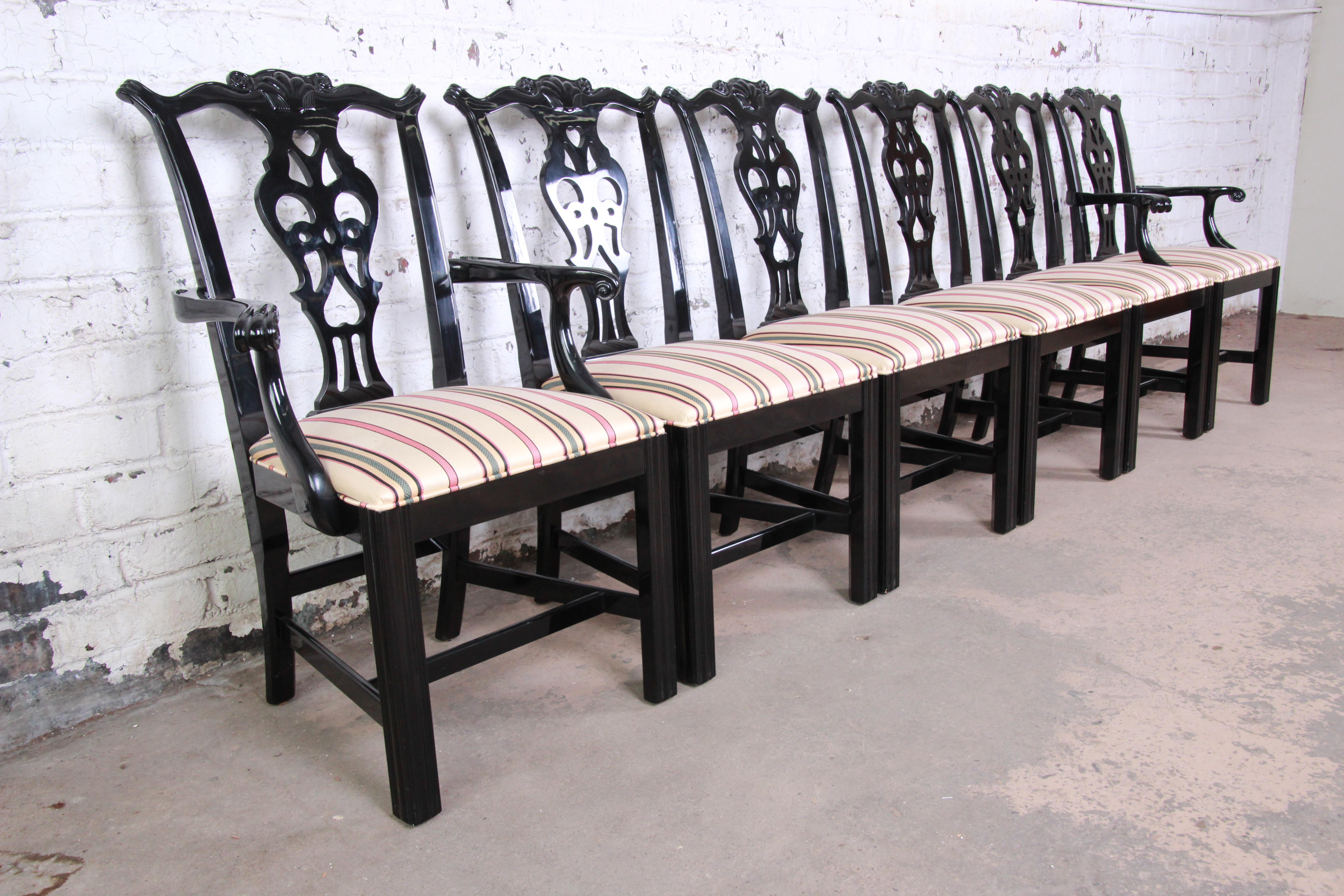 Century Furniture Black Lacquered Chippendale Style Dining Chairs, Set of Six In Good Condition In South Bend, IN