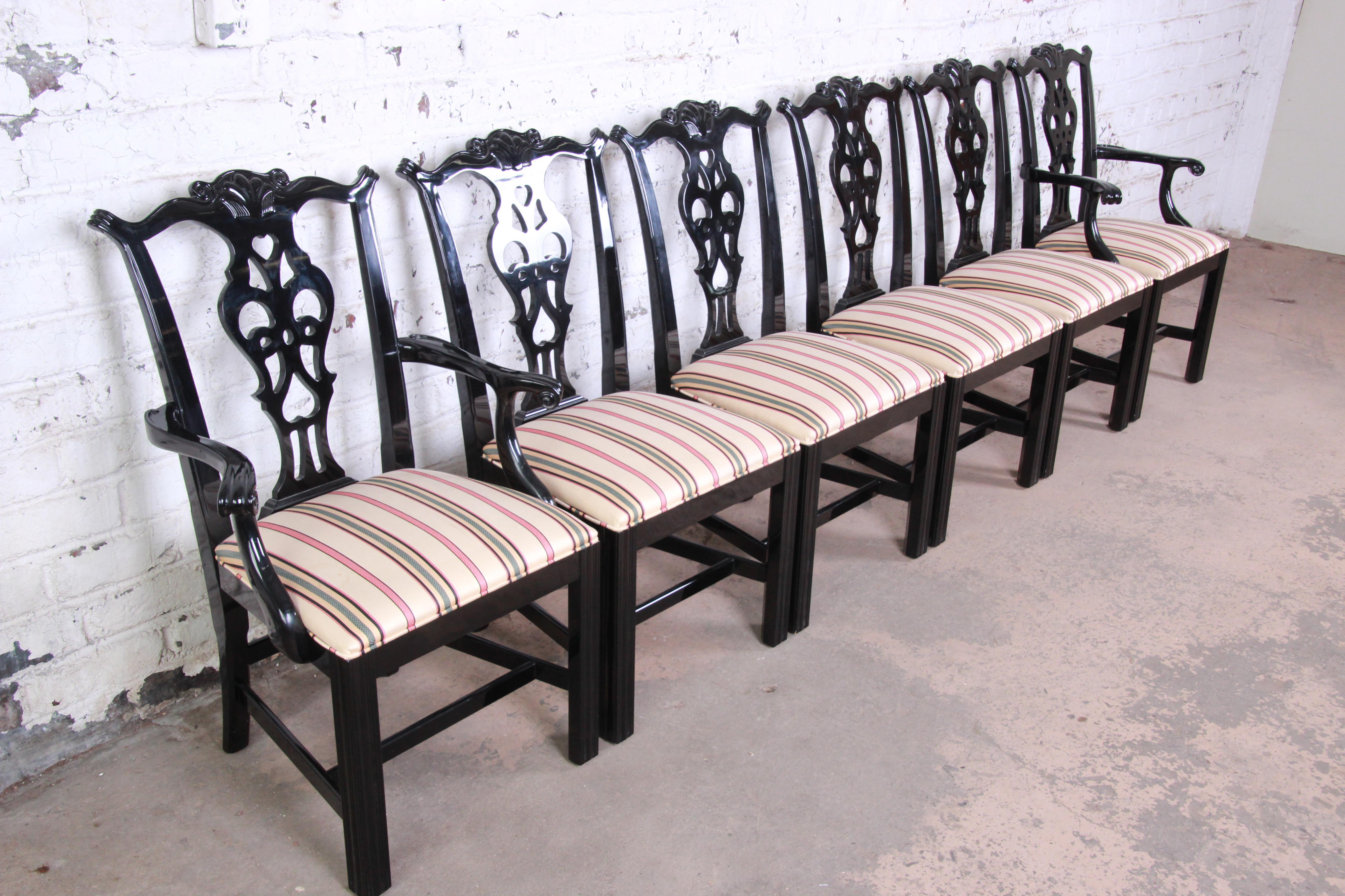 Late 20th Century Century Furniture Black Lacquered Chippendale Style Dining Chairs, Set of Six