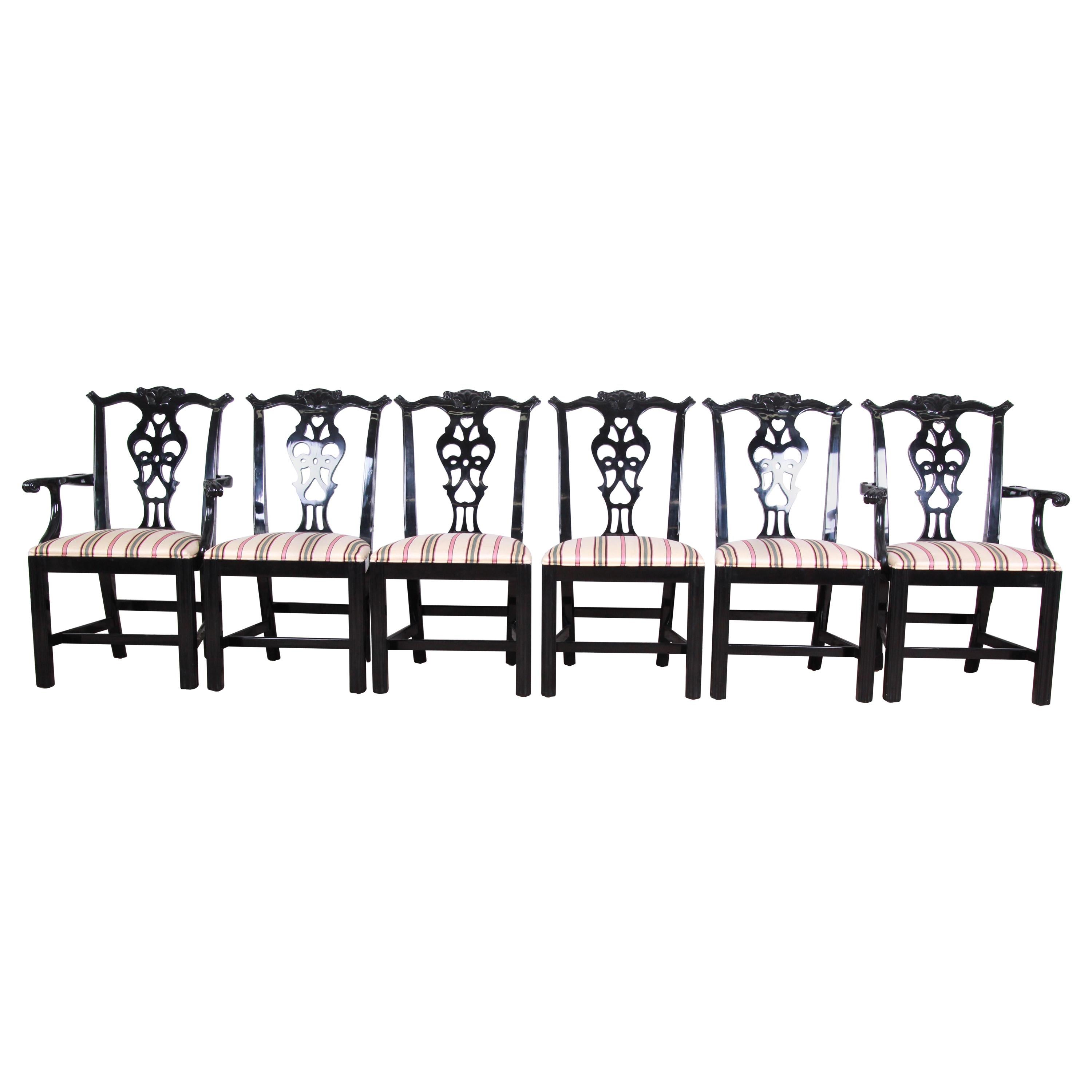 Century Furniture Black Lacquered Chippendale Style Dining Chairs, Set of Six