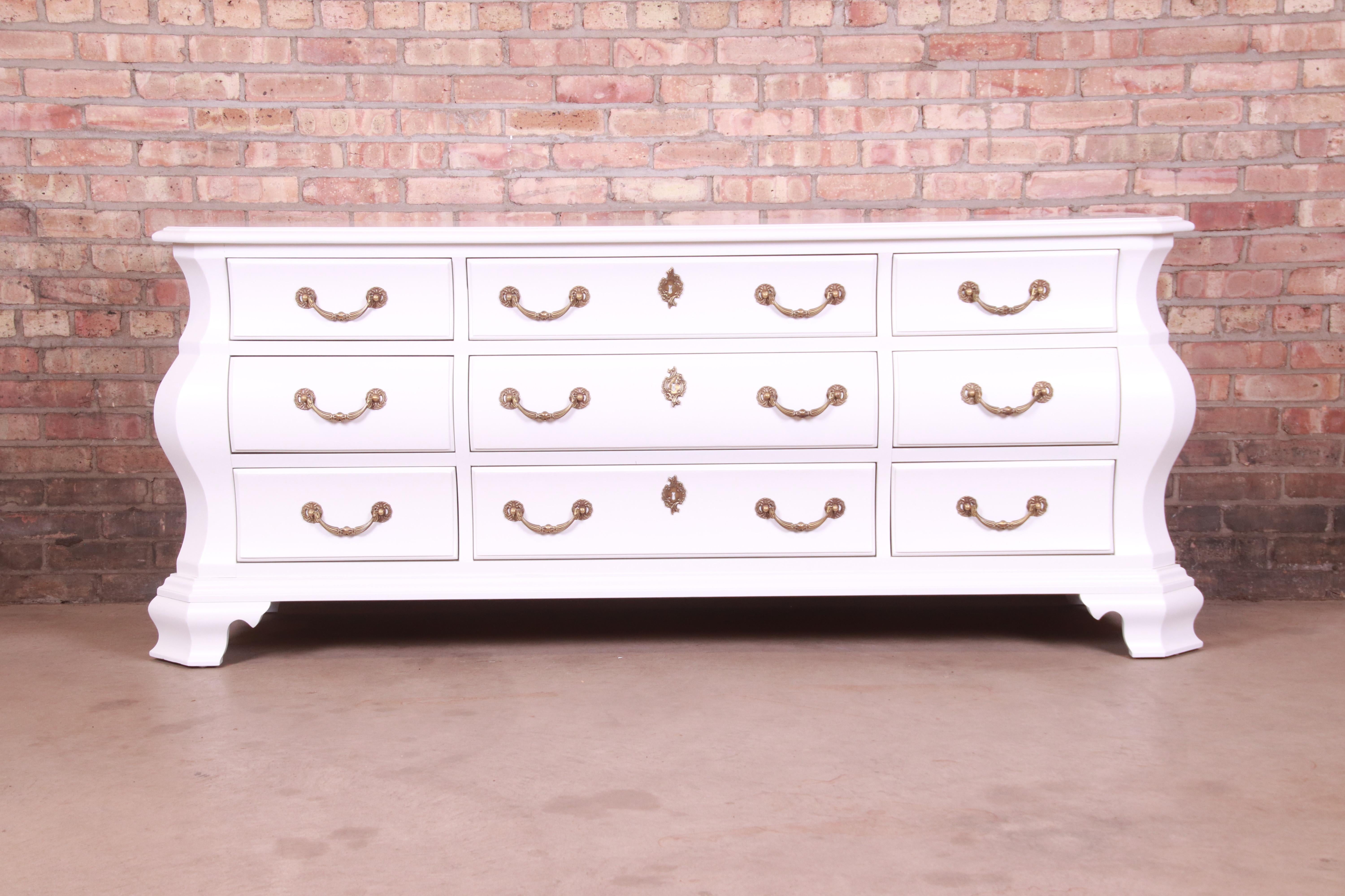 French Provincial Century Furniture Bombay Form White Lacquered Triple Dresser, Newly Refinished