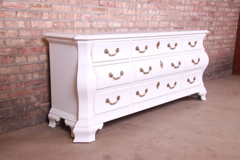 Brass Century Furniture Bombay Form White Lacquered Triple Dresser, Newly Refinished